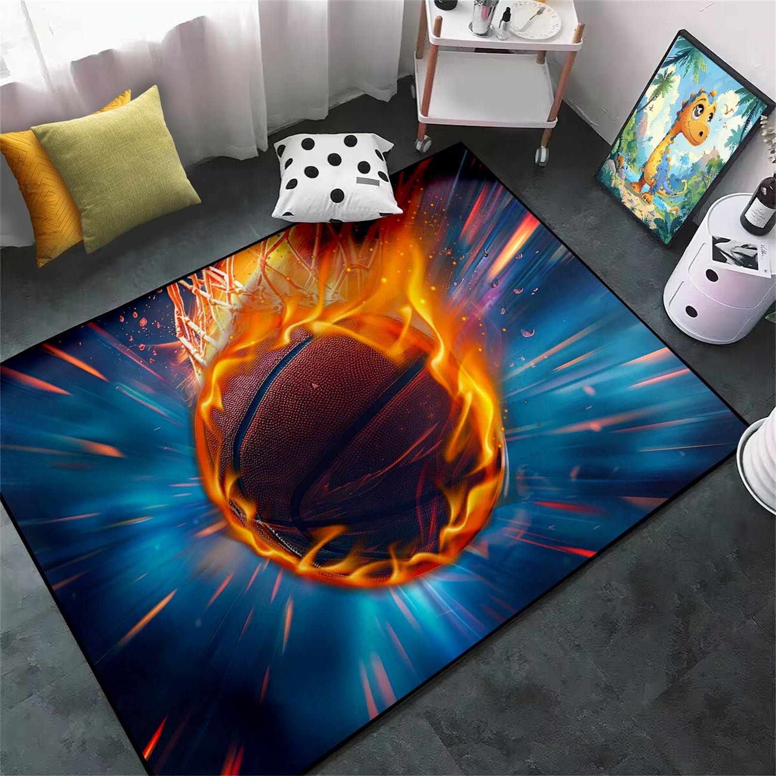 Basketball Rug for Boys Bedroom - Basketball with Flame Printed Carpet Sports Rug for Boys Bedroom Sport Mat for Playroom Living Room Home Decor,Blue,