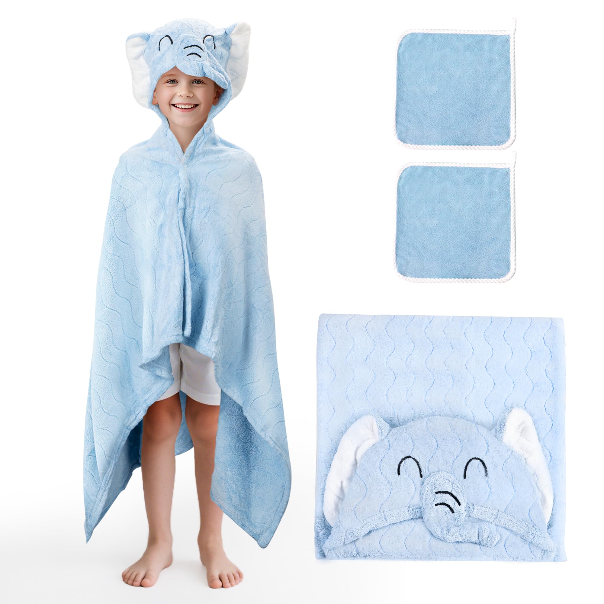 UNEEDE Blue Elephant Bath Hooded Towel for Kids Extra Soft and Fast Drying Poncho for Toddlers Age 3-10