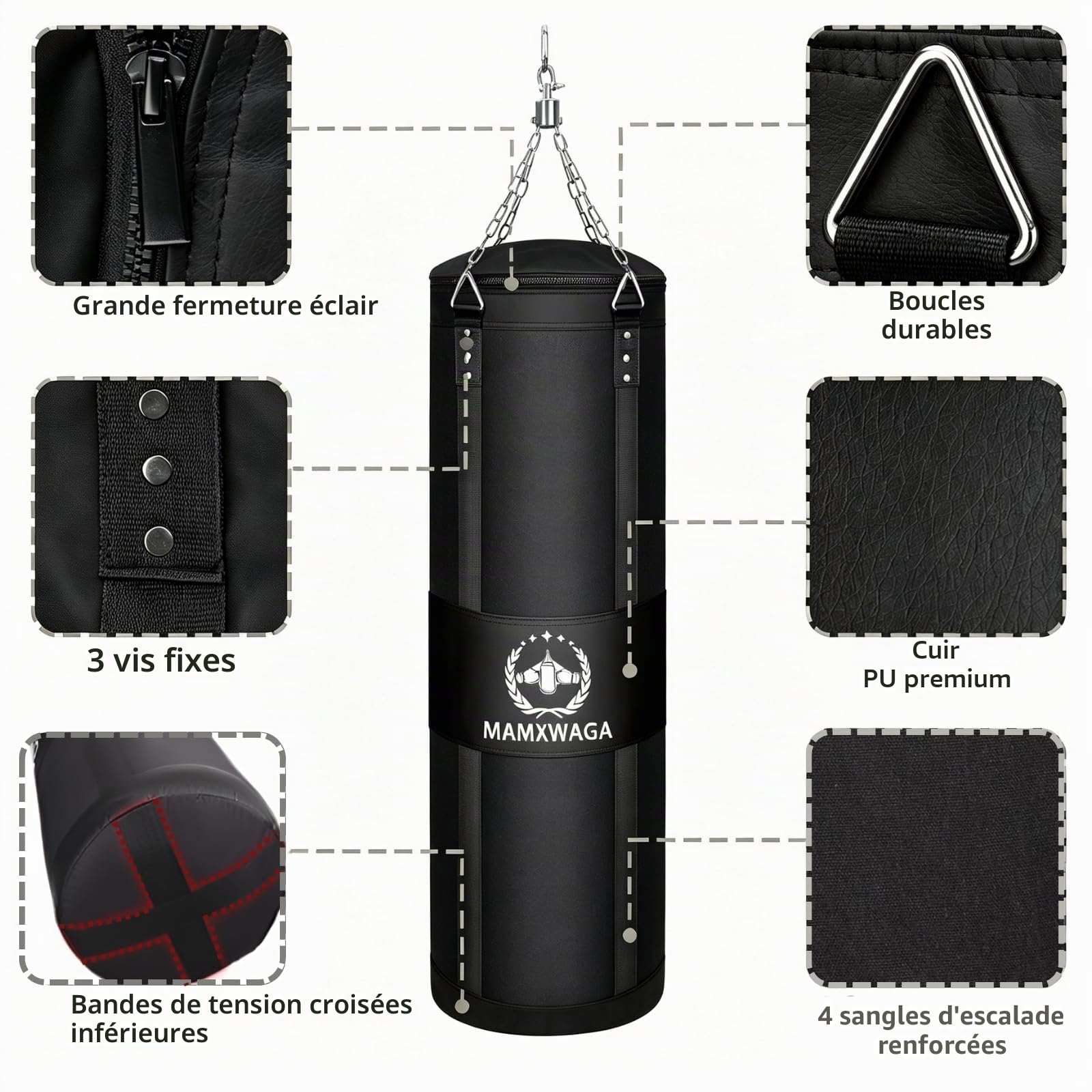 Sac de Frappe Adulte en Toile 120 cm, Lourd Boxe Punch Bag avec Rotateurs, Non-Rempli Canvas Punching Bag Charge Maximale 80 kg