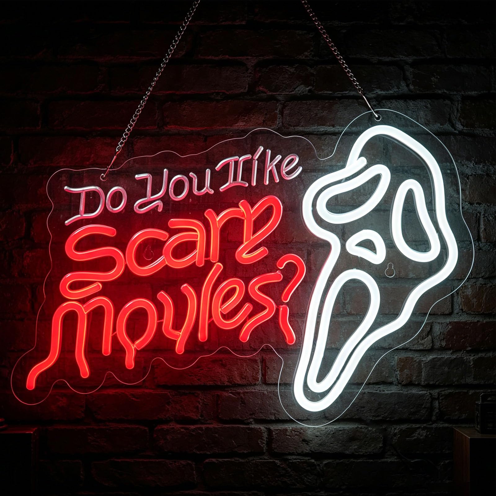 Do You Like Scary Movies Neon Signs USB Powered Decorative Light Up Signs Horror Cinema LED Neon Sign for Game Room Masquerade Ball Club Team (5V D 16.5 in × W 11.8 in)