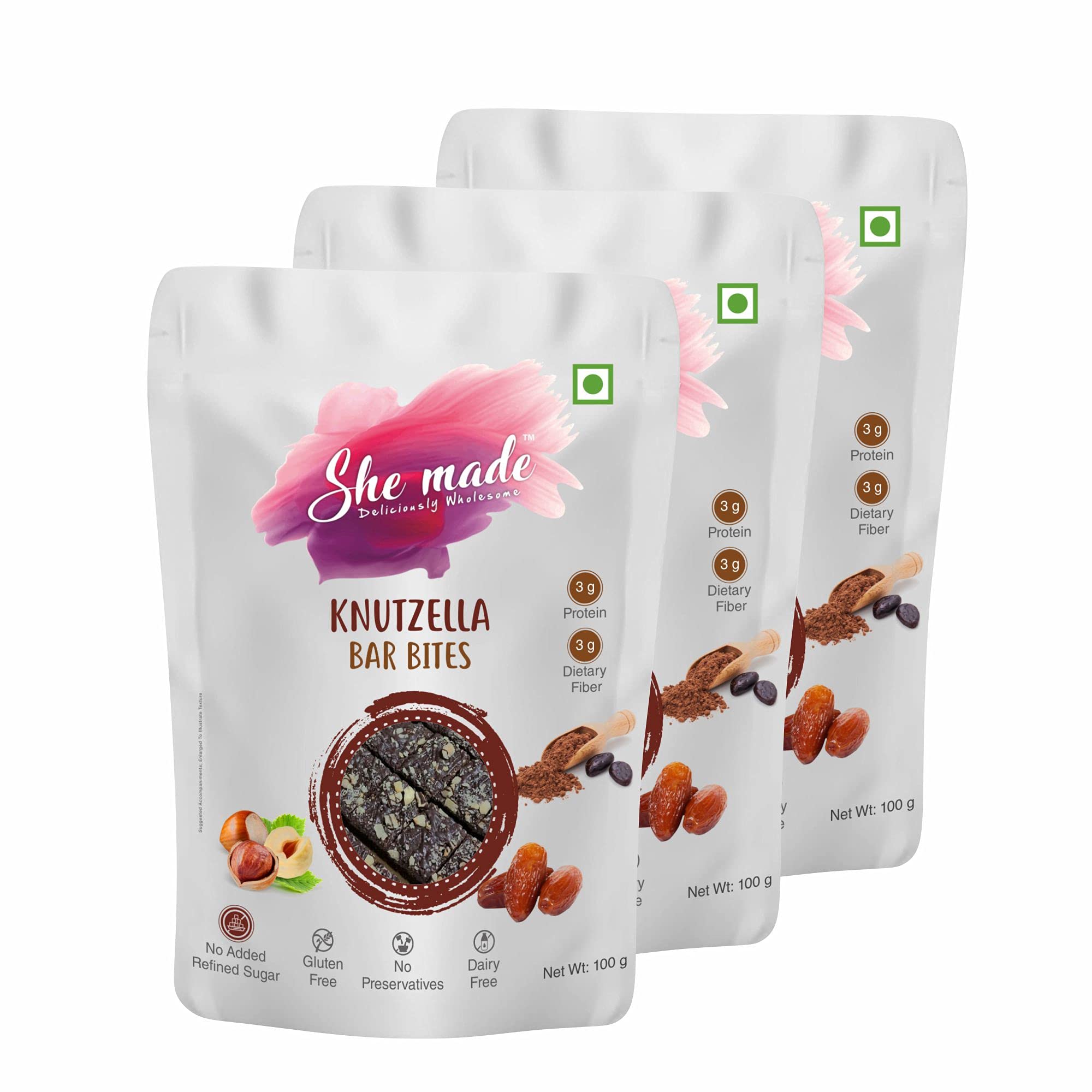 She Made Foods Mini Bar-Bites Pack of 3 - Healthy Knutzella Chocolate Bar Bites, Gluten Free & Protein Dense Energy Bites, Delicious Baked Gourmet Snacks (100 Grams Each)