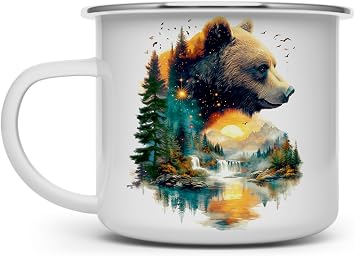 Loftipop Nature Bear Enamel Camp Mug, Wild Life Animal Forest Trees Campfire Camping Cup, Mountain Outdoor Lover Gifts 16oz