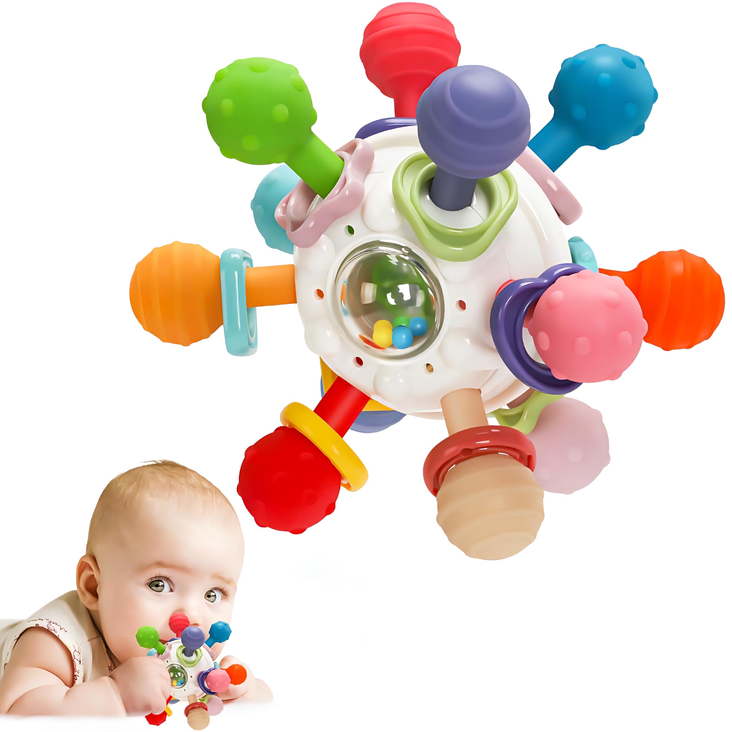 Brand Conquer Baby Sensory Toys for 0-6 6-12 Months, Baby Teether Teething Toys Gifts for Babies 0 3 6 9 12 18 Months Old Boys Girls, New-Born Infant Learning Developmental (Montessori Teether White)-image-8