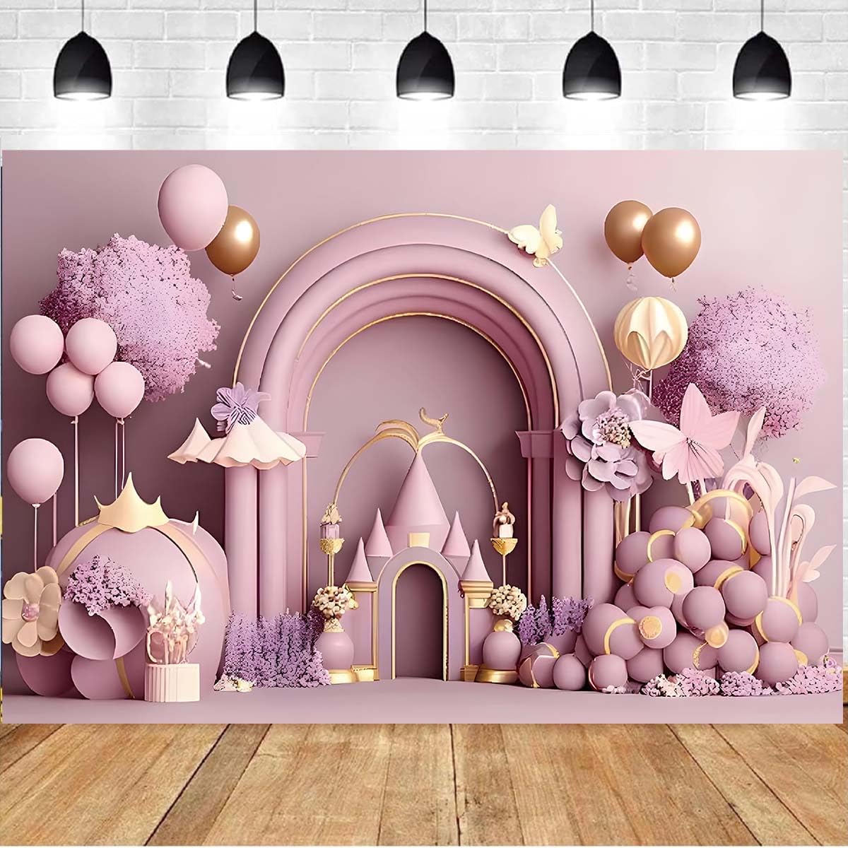 Girls Birthday Party Photography Background Arch Balloon Flower Castle Cake Crush Kids Portrait Photo Backdrop Fairy Tale Girl Birthday Party