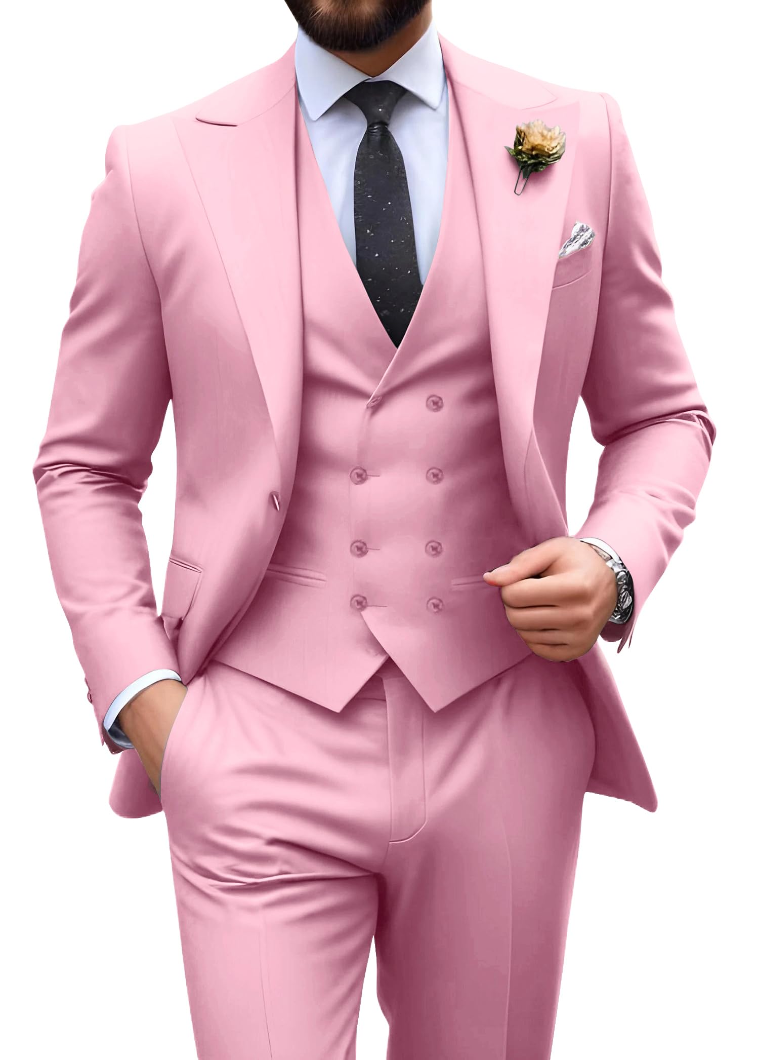 Photo 1 of Suits for Men Slim Fit 3 Piece Suit Double Breasted Pink Suit Men Groomsmen Wedding Dress Tuxedo Suits Set X-Large