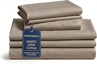 Simple&Opulence 1000 Thread Count 100% Cotton Sheet Set, Calking 4 Pcs Long Staple Cotton Sateen Bed Sheets, Luxuriously Silky Cooling Soft Bedding Set, 16 Inch Deep Pocket Fitted Sheet, Taupe