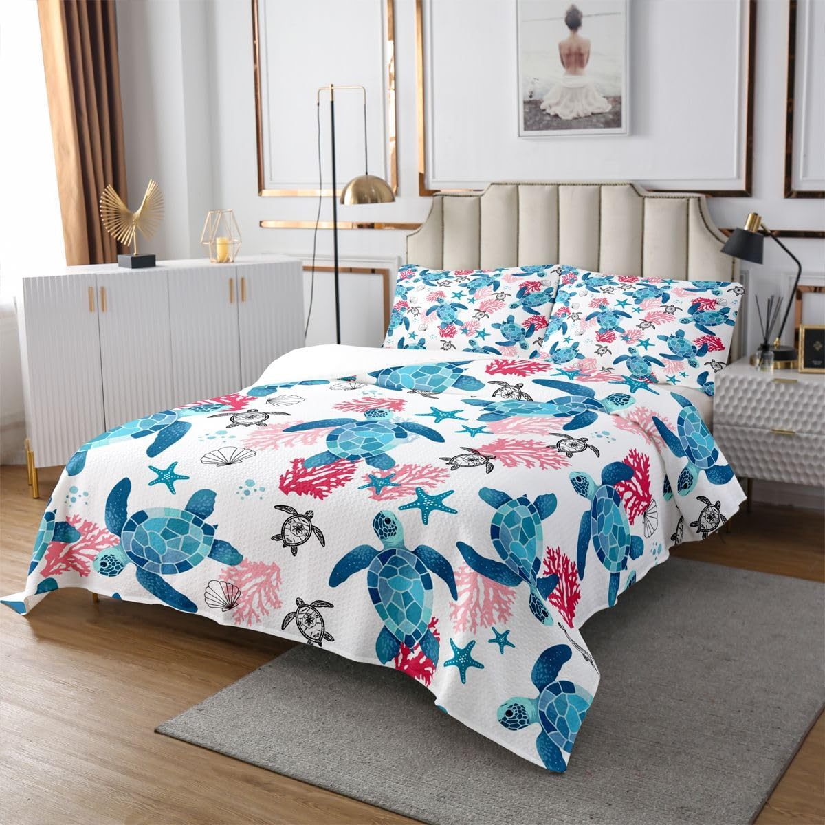 Homewish Blue Sea Turtles Bedding Set Queen Size 3 Pcs,Pink Coral Coastal Shell Starfish Bedspread for Kids Teens Adults,Sealife Ocean Theme Coverlet Set with 2 Pillowcases