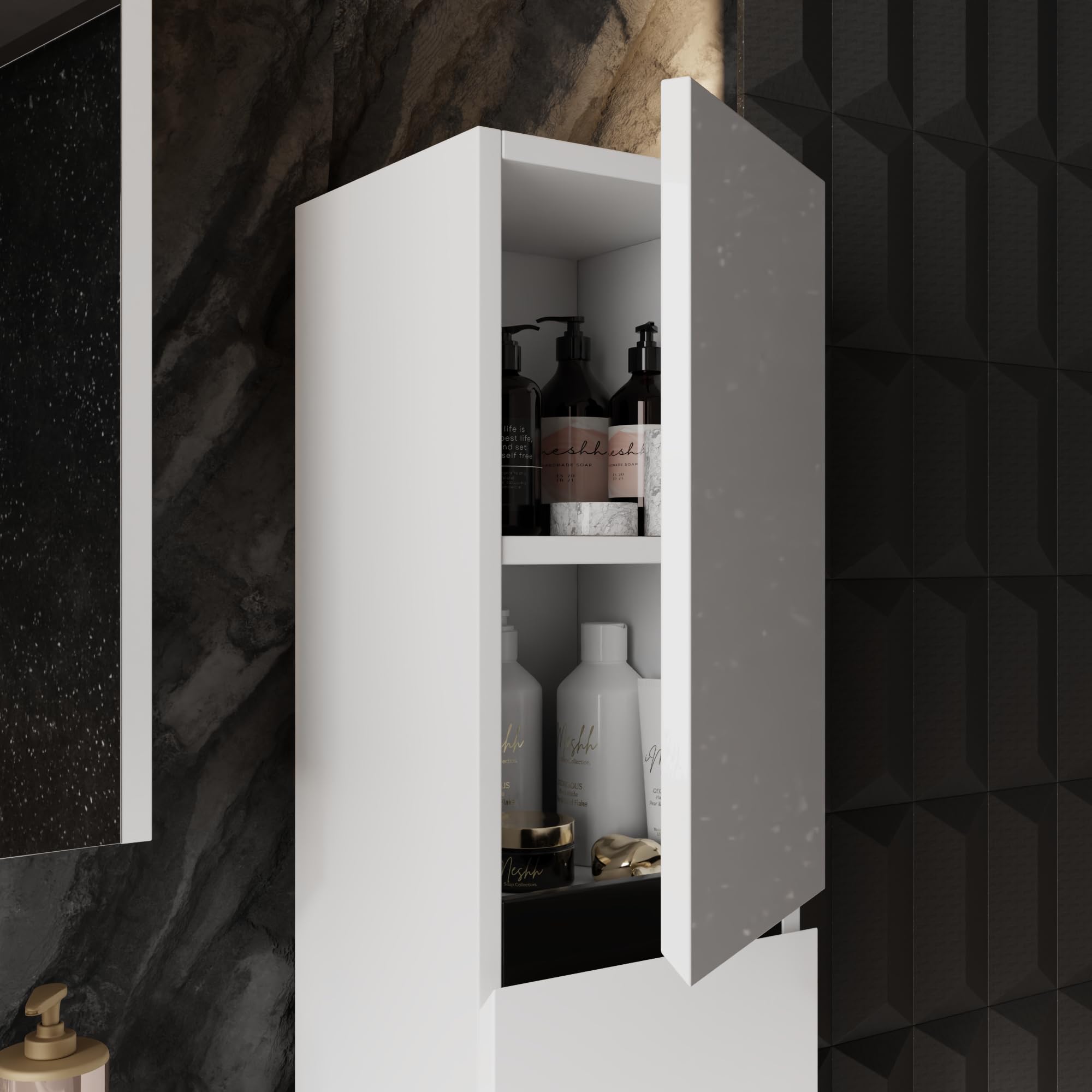 Badezimmer Hochschrank 30cm Breit Venus Weiß 114,5 x 30 x 32 cm| Softclose-Türen | unsichtbaren Griffen | Badezimmerschrank Badschrank Badhochschrank Badregal