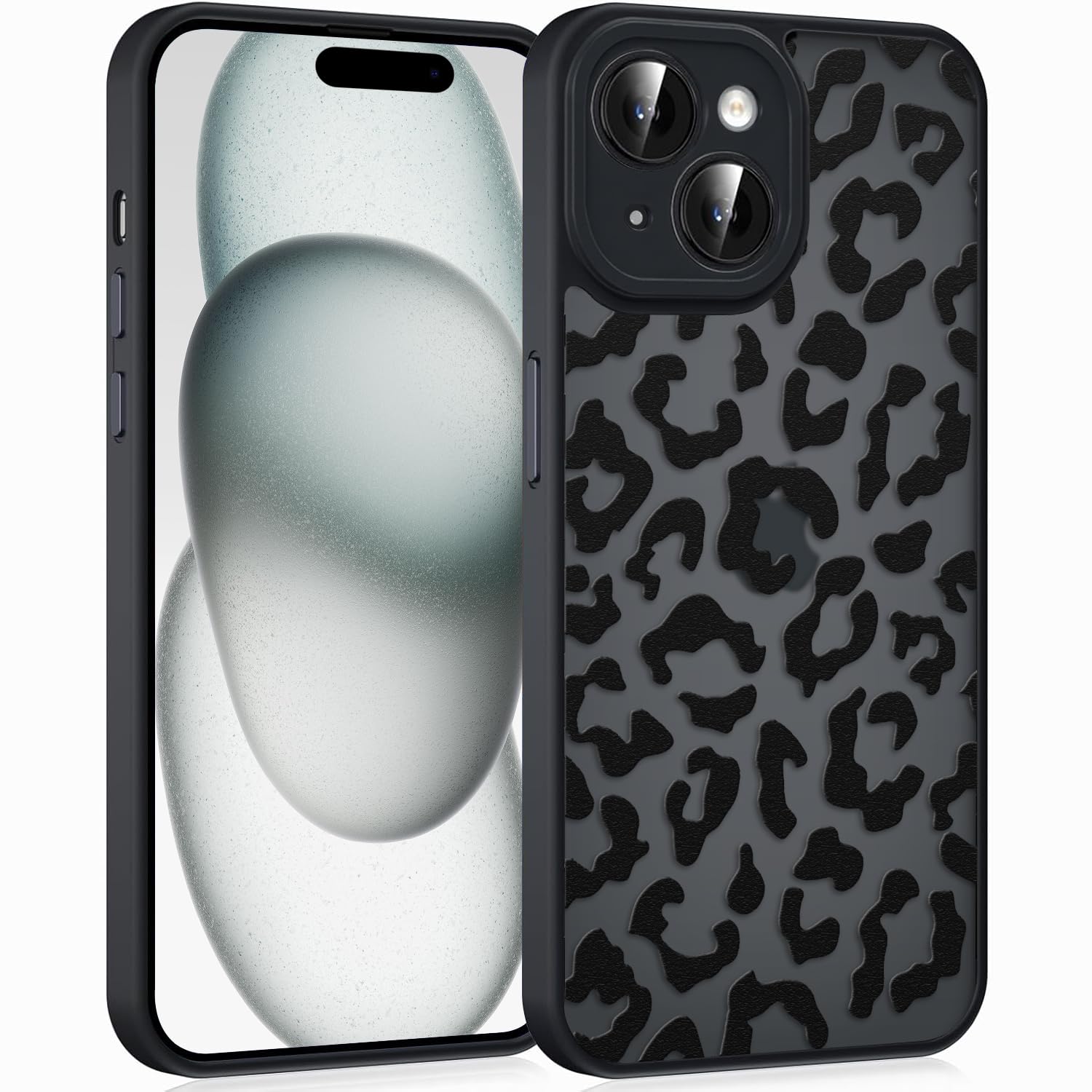 Coqinen Cover per iPhone 15, Custodia Traslucida Opaca Case con Moda Leopardata Aesthetic Motivo, Sottile Antiurto PC + TPU Bumper Protettiva, Nero