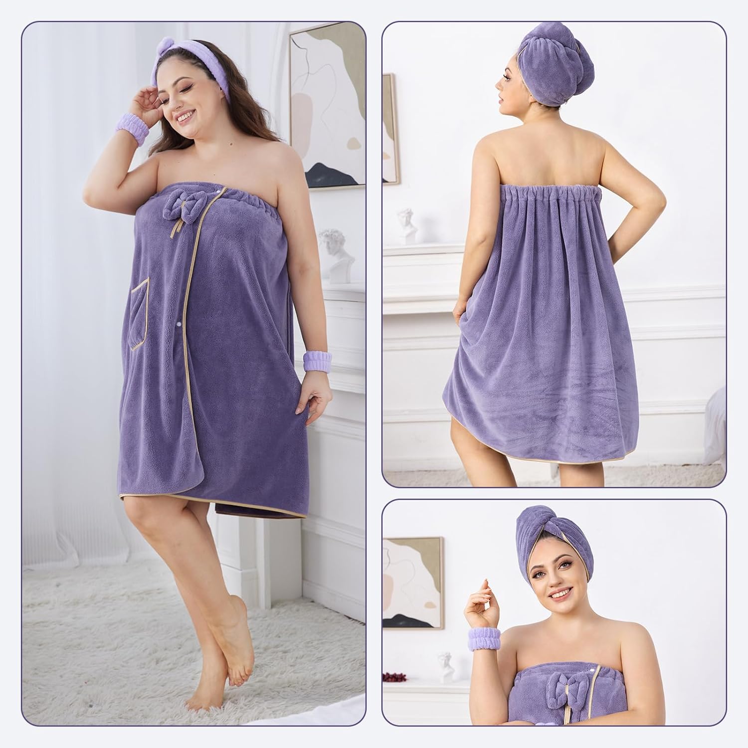 Plus Size Women's Towel Wrap, Plus Size of 80CM X 210CM, Purple of Adjustable Body Wrap Towels and Hair Drying Towels for Women, Quick-Dry Coral Fleece, Suitable for Spa, Shower, Bath, and Gym.