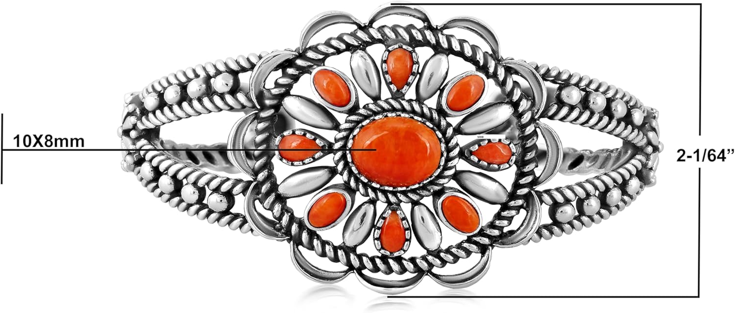 American West Jewelry Southwestern Genuine Gemstone Wildflower Sterling Silver Rope Cuff Bracelet, Sizes Small - Large