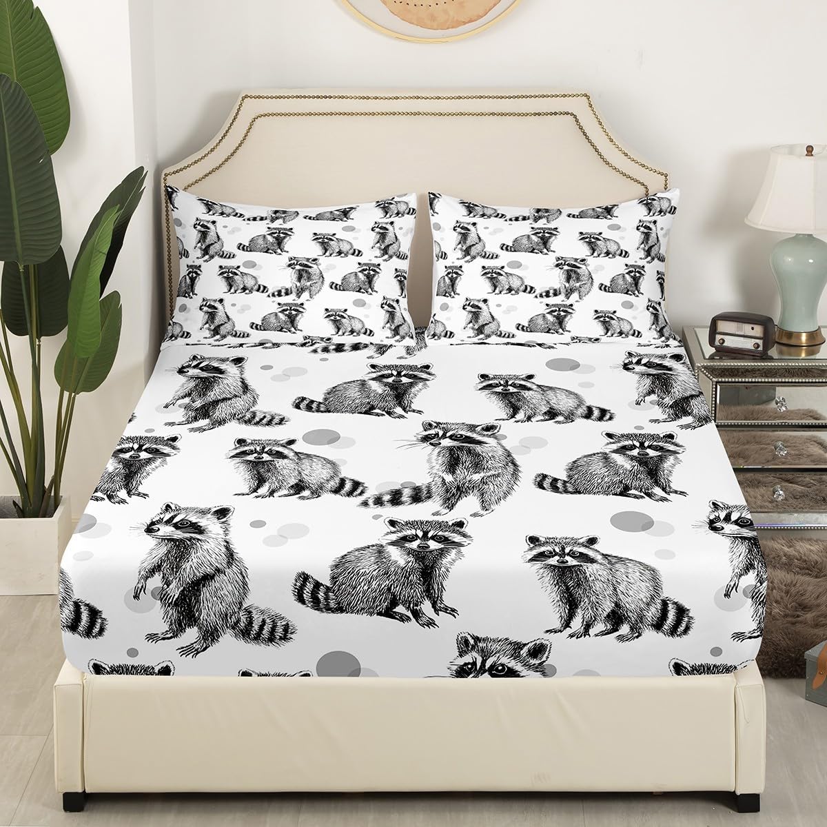Raccoon Fitted Sheet Black and White Bed Sheets for Kids Boys Teens,Cute Wild Animals Bedding Sets Lovely Wildlife Bedding Decor Set Grey Sketch Hand Drawn Bedroom Decor Queen Size