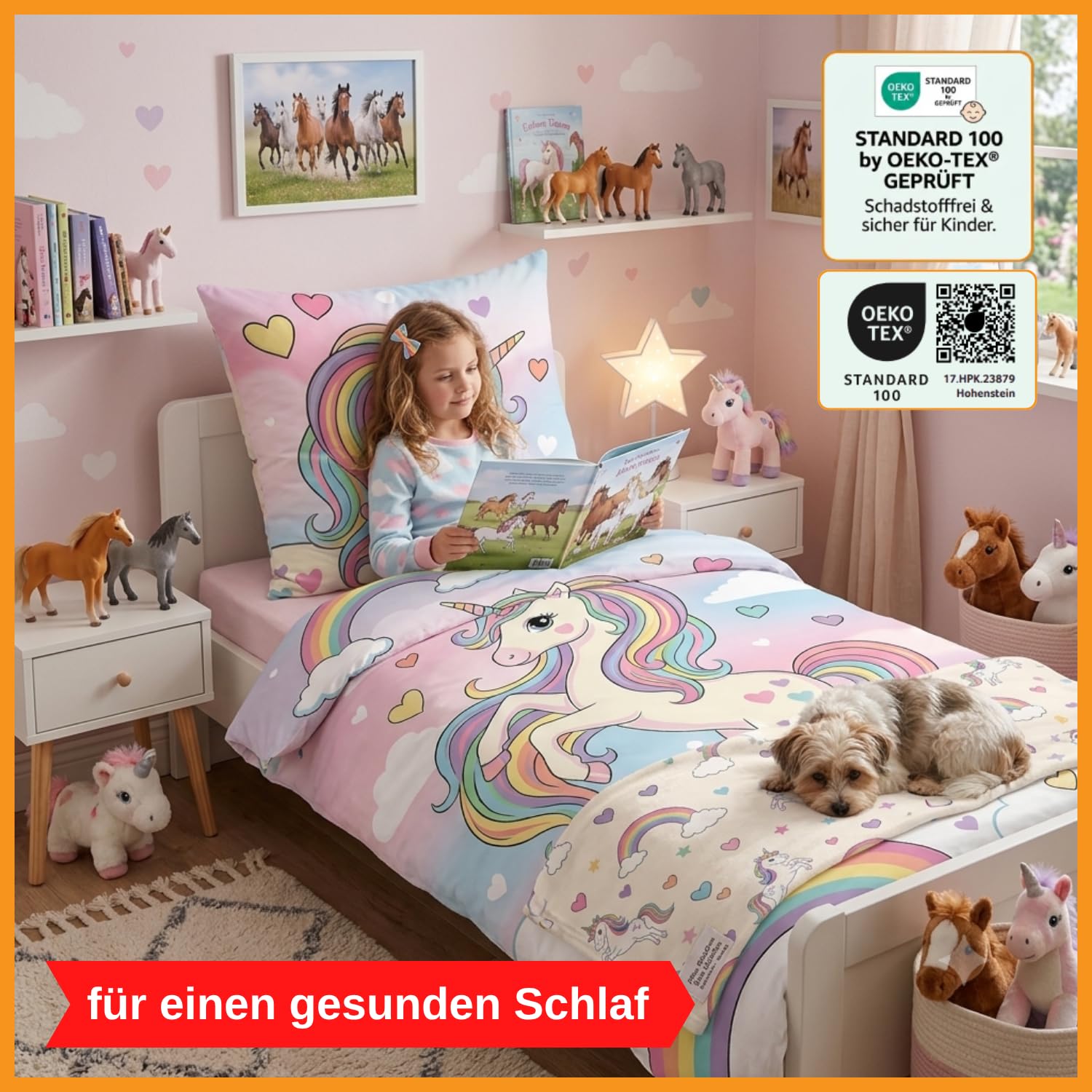 Aminata kids Bettwäsche 135x200 Einhorn-Motiv Mädchen 100% Baumwolle