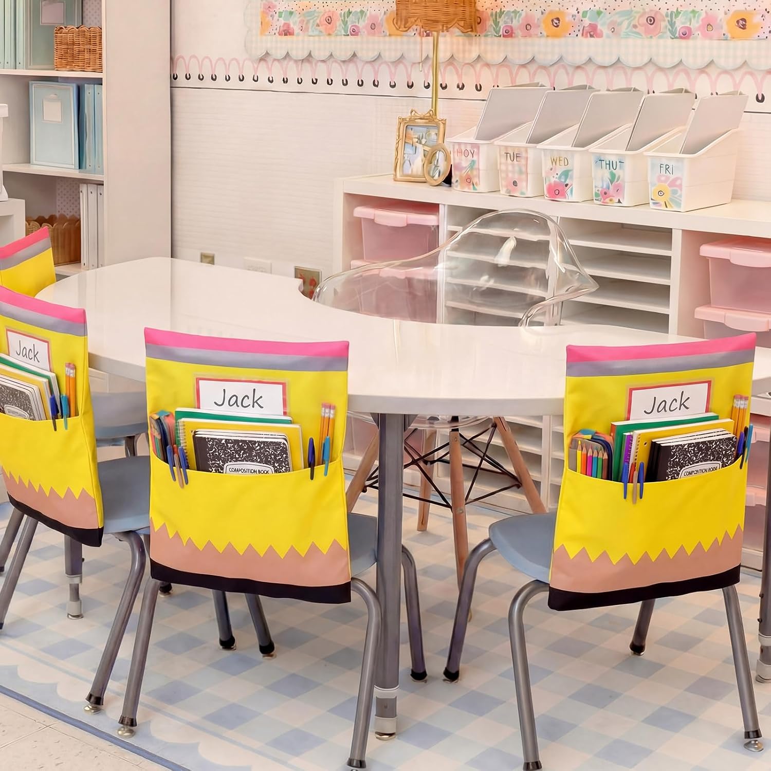 12 Pack Pencil Chair Pockets for Classroom 18.5'' x 19'' Preschool Seat Pockets Kindergarten Pencil Classroom Decor Elementary Back to School Teacher Chair Storage Organizer with Name Slot