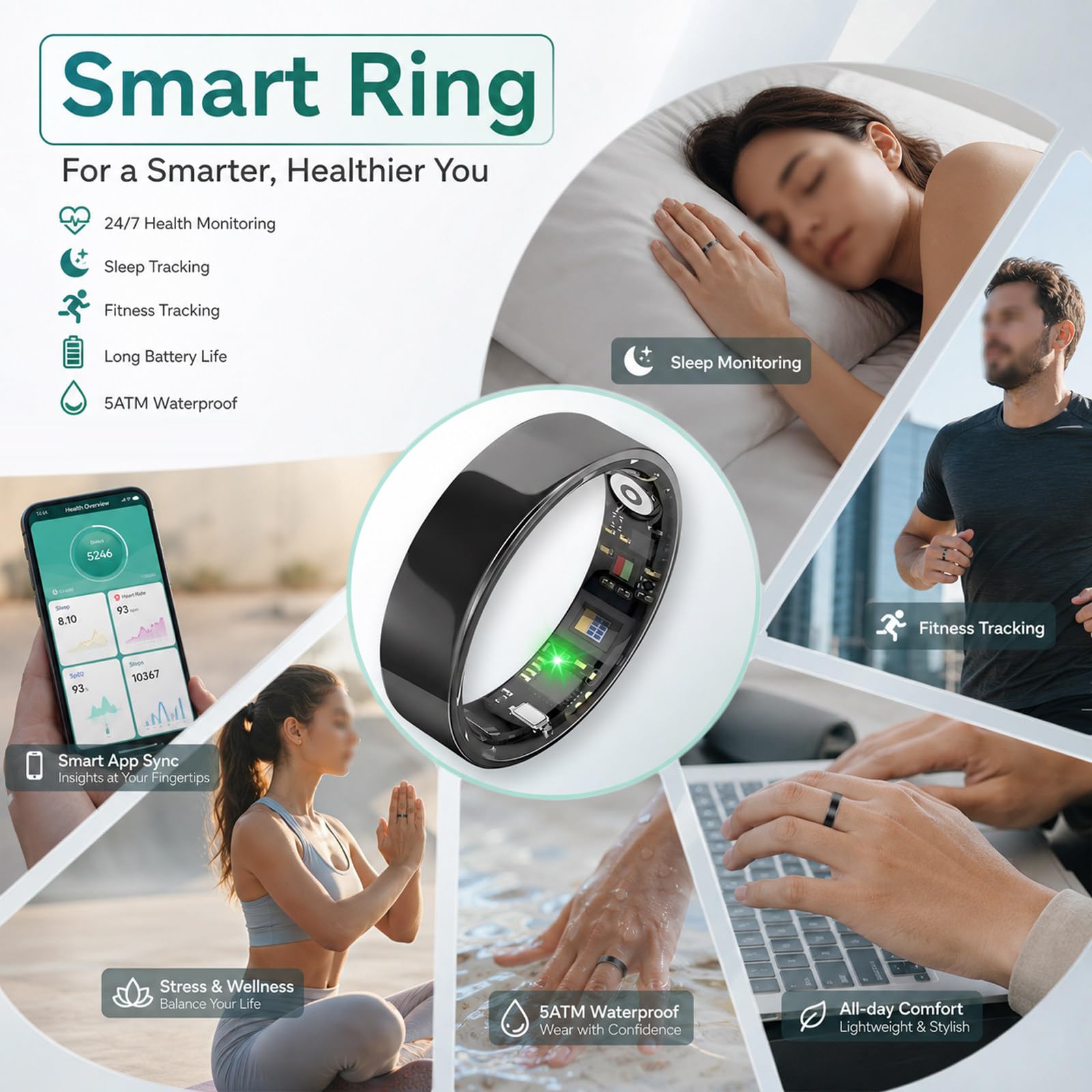 Smart Ring Health Tracker, Anillos de Salud Portátiles con Seguimiento del Sueño, con Contador de Pasos, Seguimiento de Calorías, Rastreador de Sueño, Anillo Black-13#
