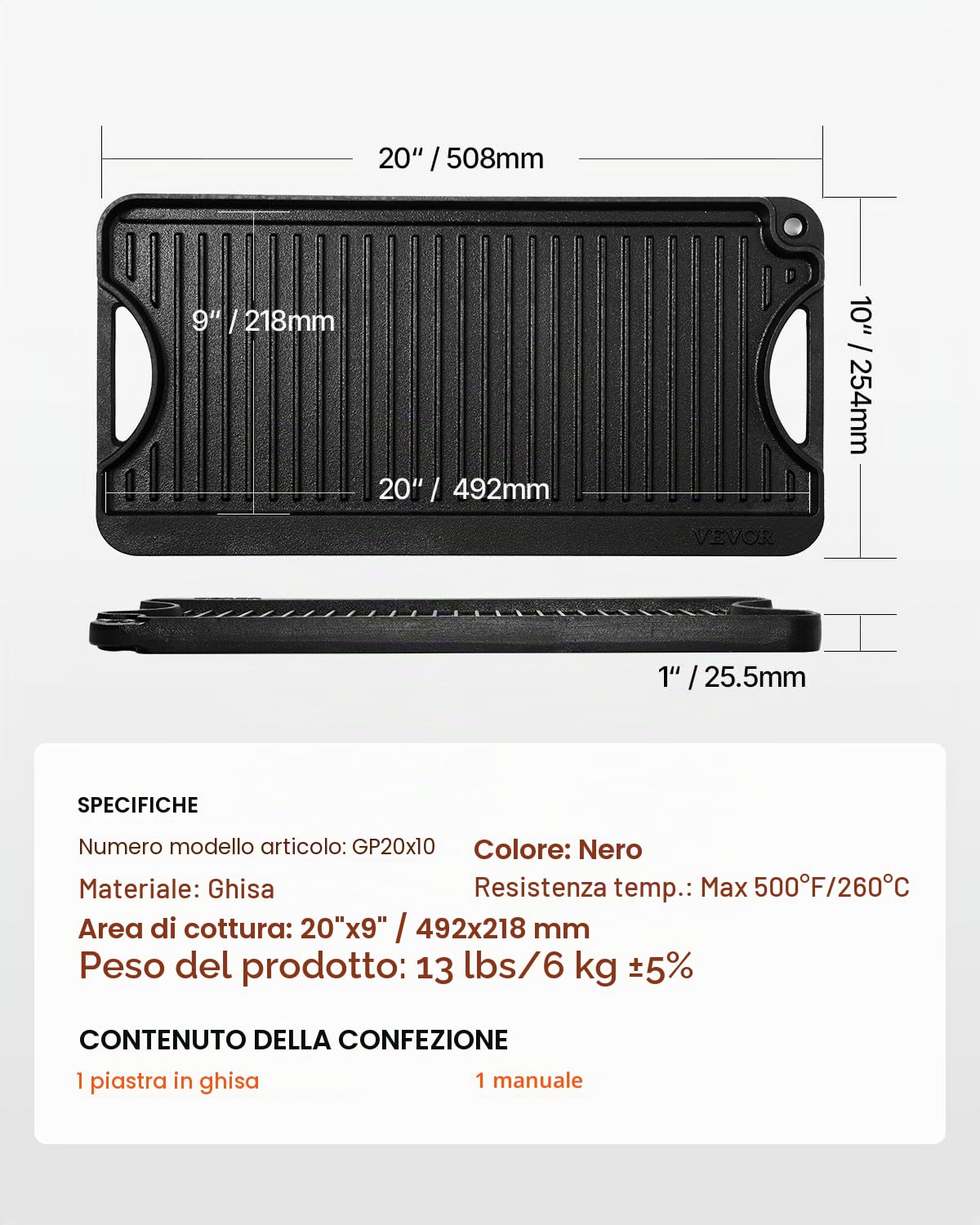 VEVOR Piastra per Cucina in Ghisa Reversibile 492 x 218 mm, Padella Rettangolare Portatile con Manico, Pentolame per Piano Cottura Peso ca. 6 kg Piastra per Cottura Barbecue Materiale in Ghisa