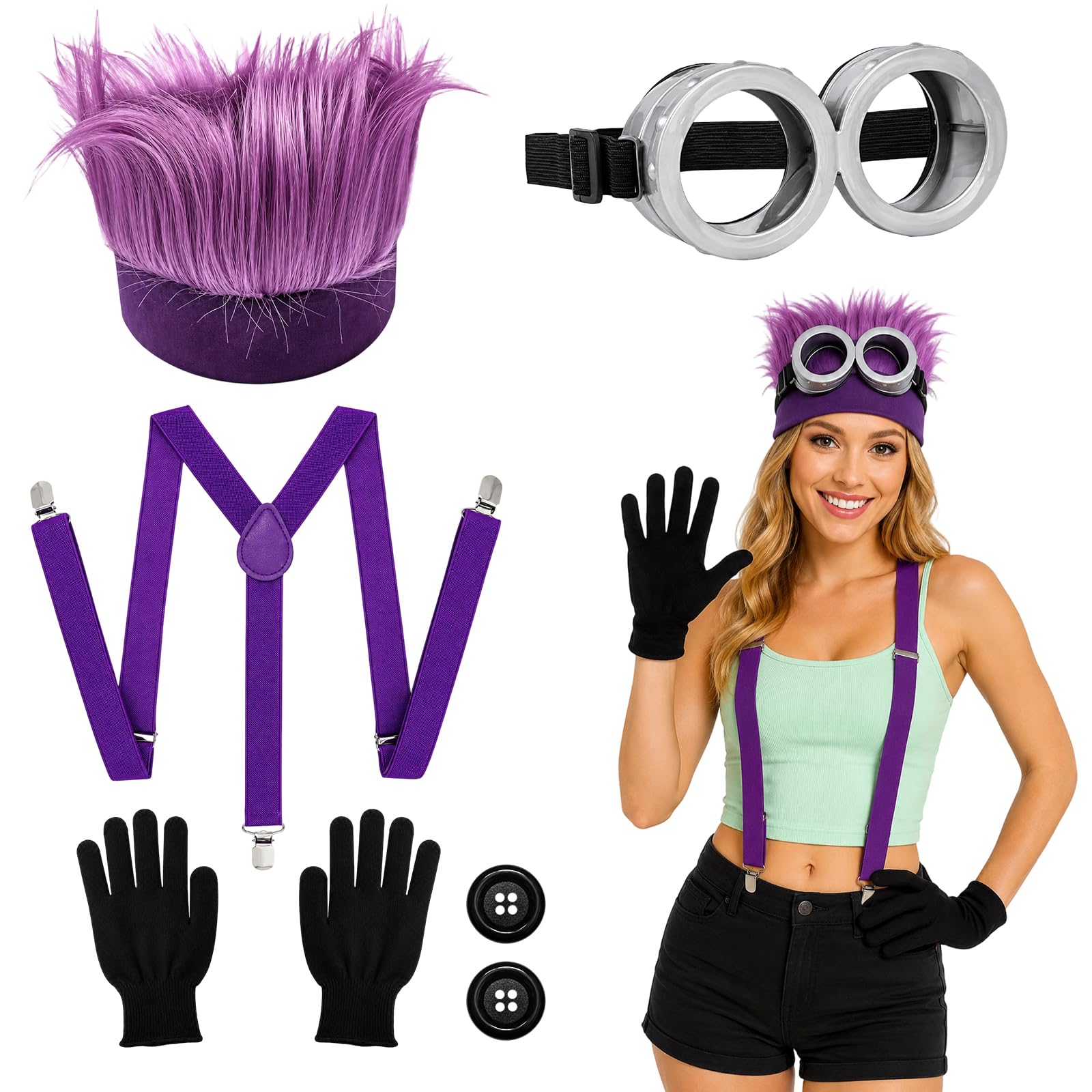 JaiZvt Purple Costume, Halloween Costumes, 6 Pcs Purple Costume, Purple Wig with Glasses, Gloves, Suspenders and Buttons, for Cosplay Parties and Family Events