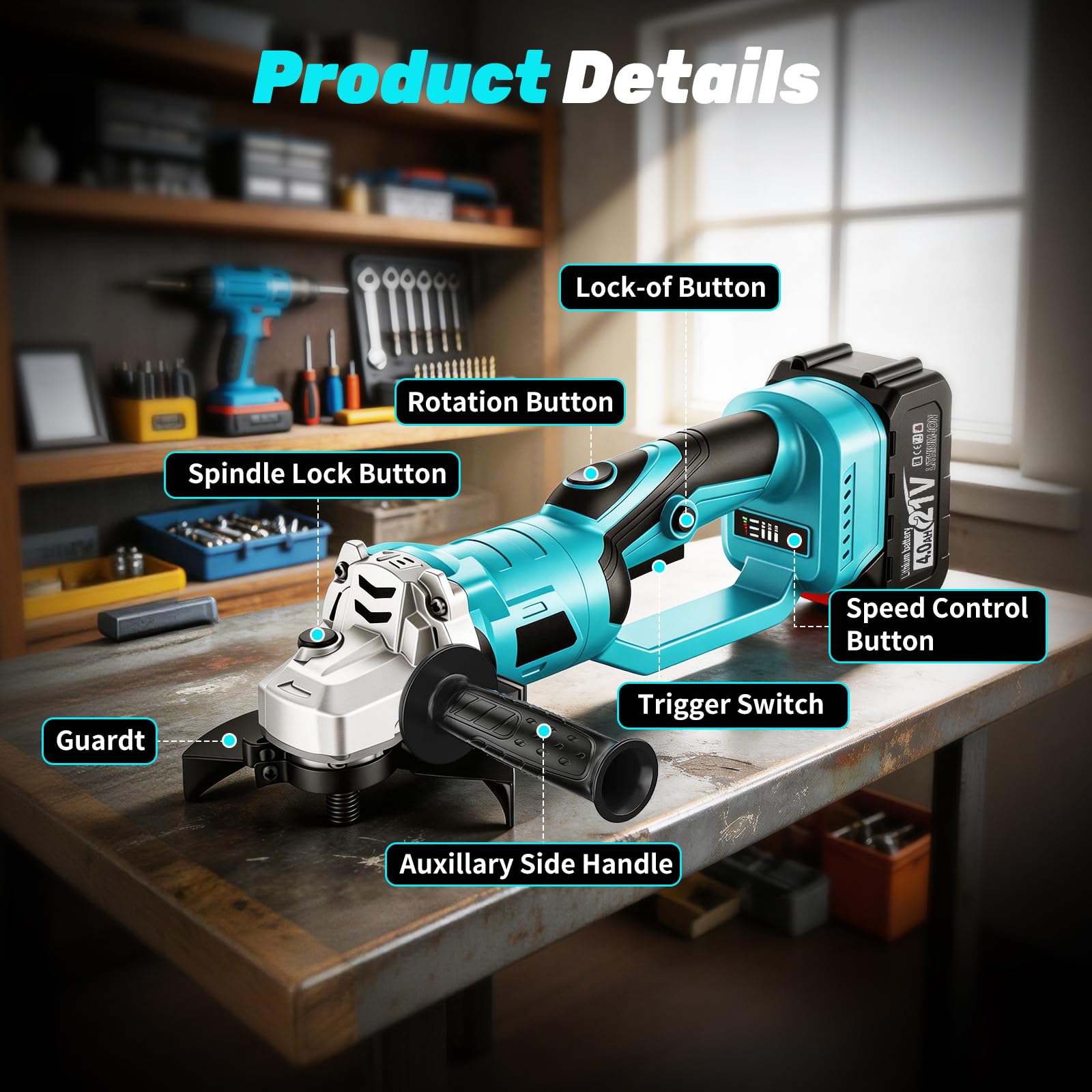 Yofuly Amoladora Angular Batería Compatible con Baterías Makita de 18V, Radial Eléctrica con 2 Batterie da 4,0 Ah | Testa Girevole a 180° | 3 Velocità | 9000 giri/min 125mm Rebarbadora con 6 Dischi