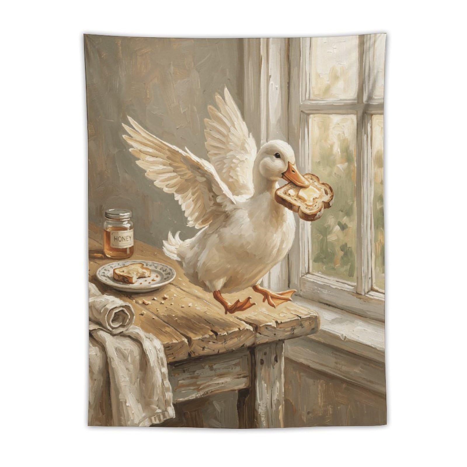 W7C8U2X3 Toast Duck Kitchen Wall Tapestry, Storybook Illustration Style
