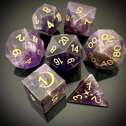 Truewon Juego de 7 dados de piedra hechos a mano para RPG DND hechos por piedras preciosas naturales. (versión 2024 amatista)