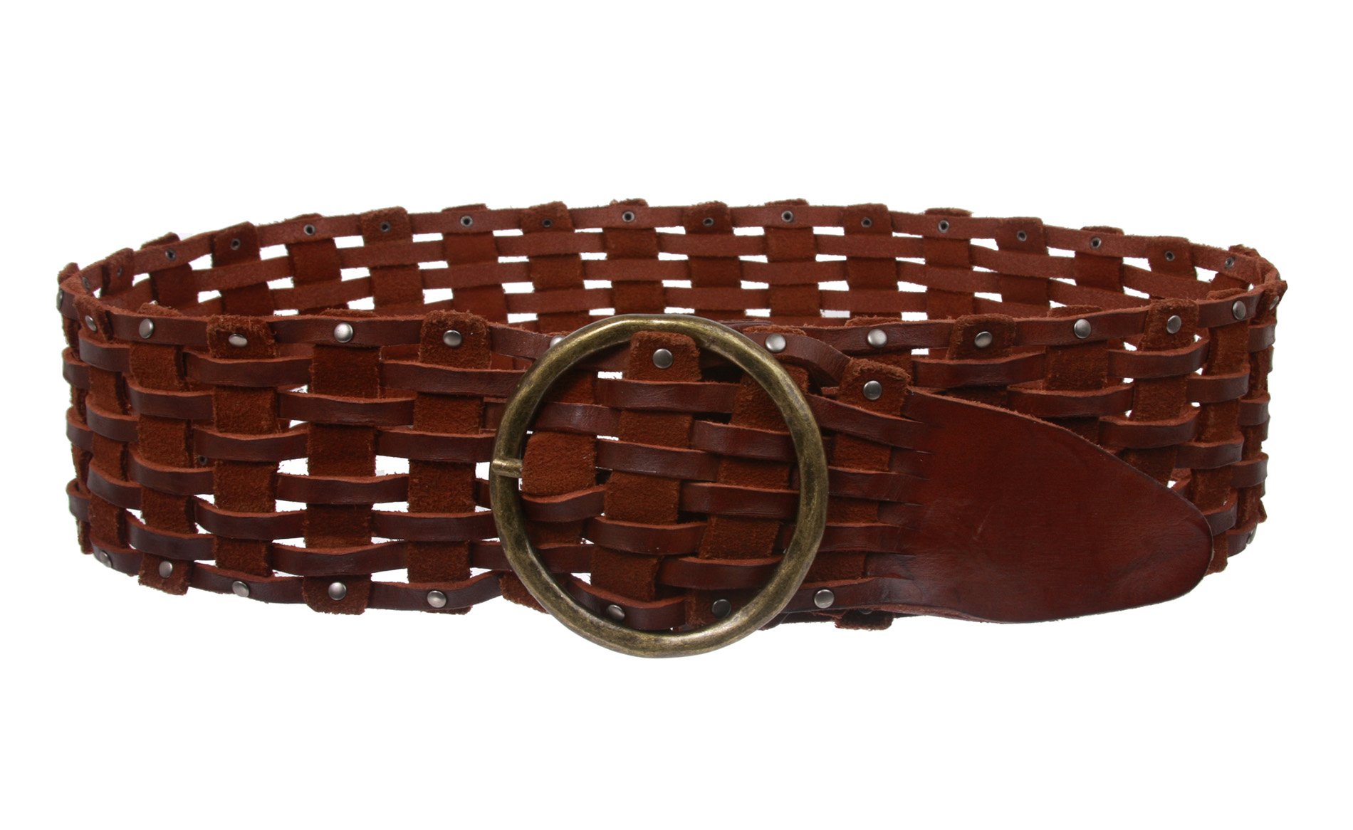 Cinturón redondo de piel para mujer, 7,6 cm de ancho, perforado, trenzado, estilo vintage, tejido macizo - Marrón - Small/Medium 69/79 cm