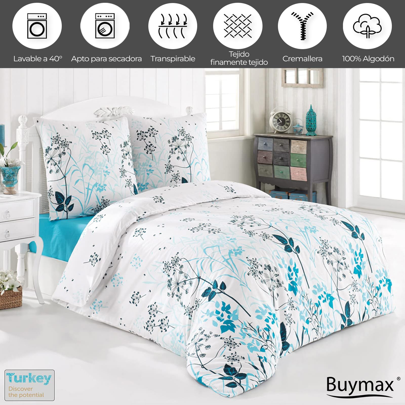 Buymax® Ropa de cama de 200 x 220 cm, 100% algodón, 3 piezas, juego de ropa de cama de 200 x 220 cm con 2 fundas de almohada de 80 x 80 cm, certificado Öko-Tex Renforcé, juego de funda nórdica con