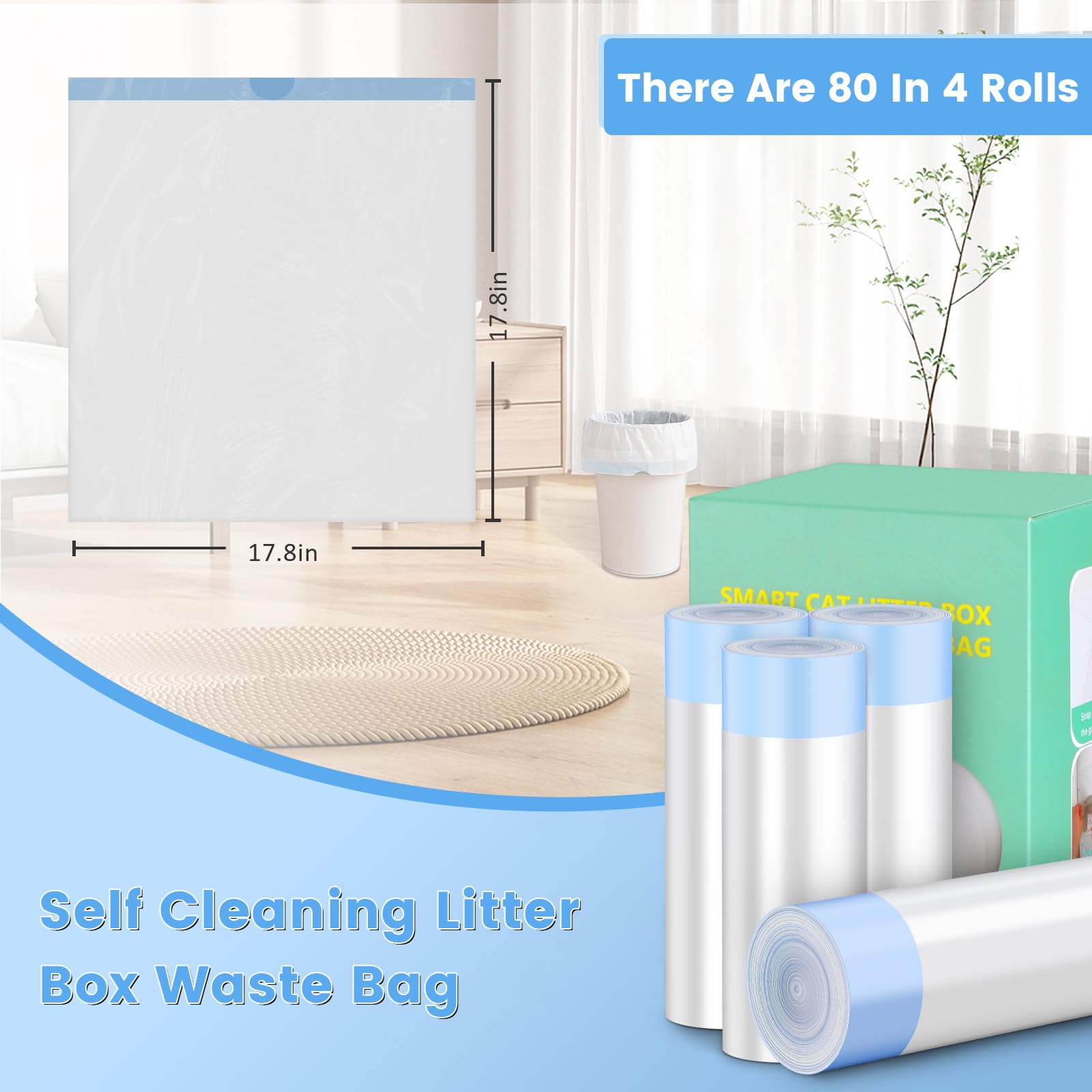 80 bolsas de arena para gatos, forros de caja de arena autolimpiables, 18.2 x 18.2 pulgadas, bolsas de repuesto con cordón para caja de robot automática (80 unidades/4 rollos)