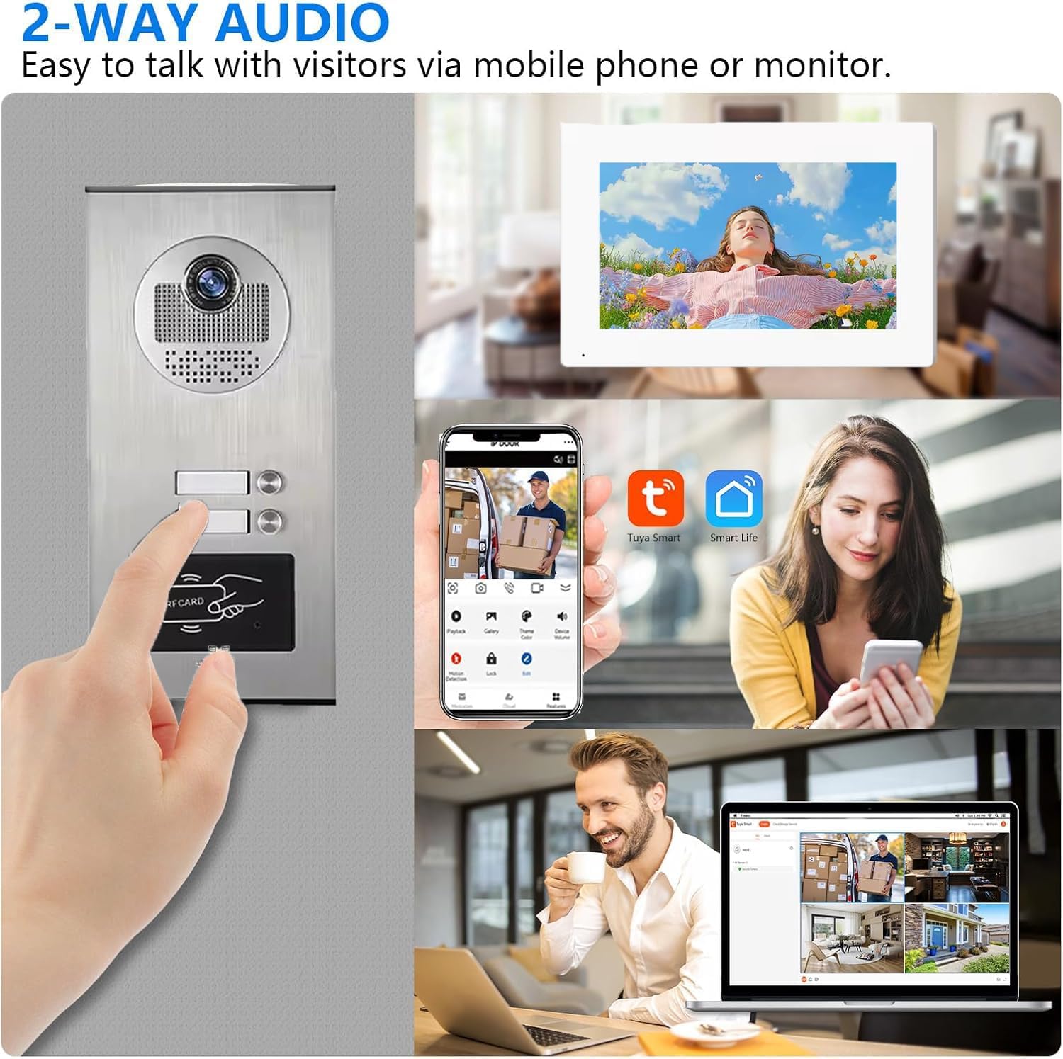 Multi-Unit Home Apartment Visual Intercom Doorbell System,7 Inch Monitor Wired Video Doorbell Door Phone Kits,IR Camera,Motion Detection, Swipe Card, Monitor, Tuya APP (1 DOORBELL+2 MONITOR)