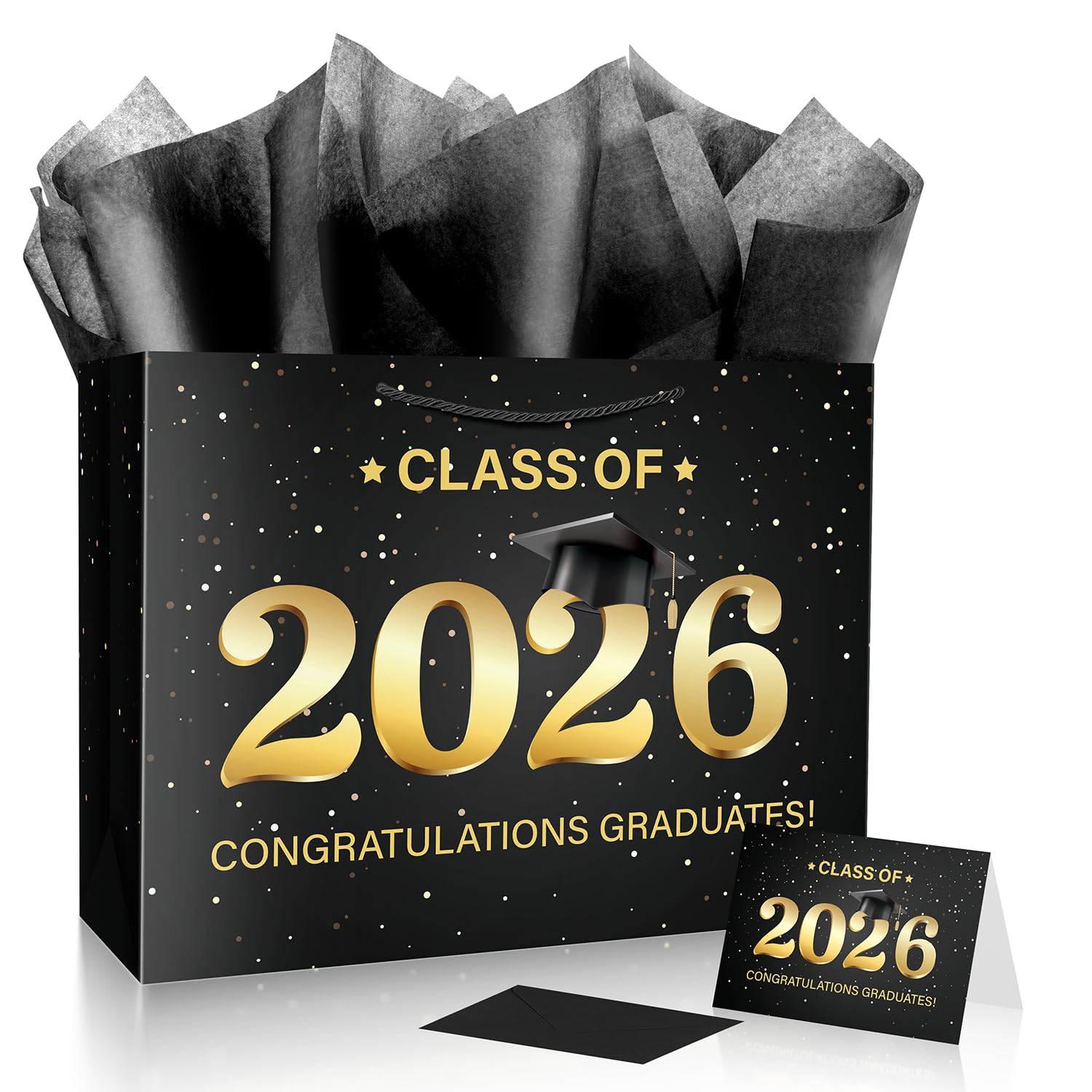 Linelglobal 2026 Graduation Gift Bag with Tissue Paper Large Congrat Grad 15.7" Black
