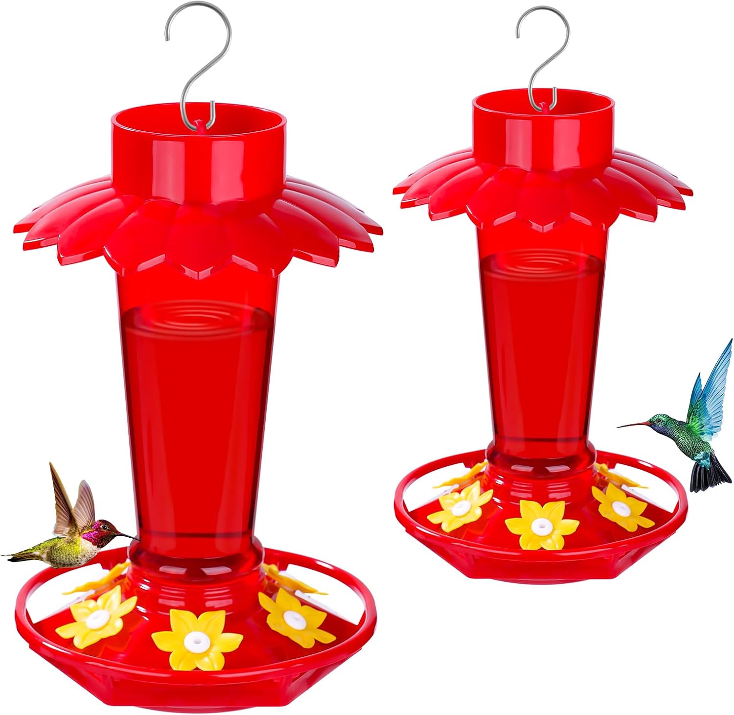 Hummingbird Feeders for Outdoors Hanging with Umbrella Cover, 10 OZ Plastic Humming Bird Feeder with Perch, Ant Moat & 6 Bee Proof Feeding Ports, Gifts for Women Garden Decor, Red, 2 Pack