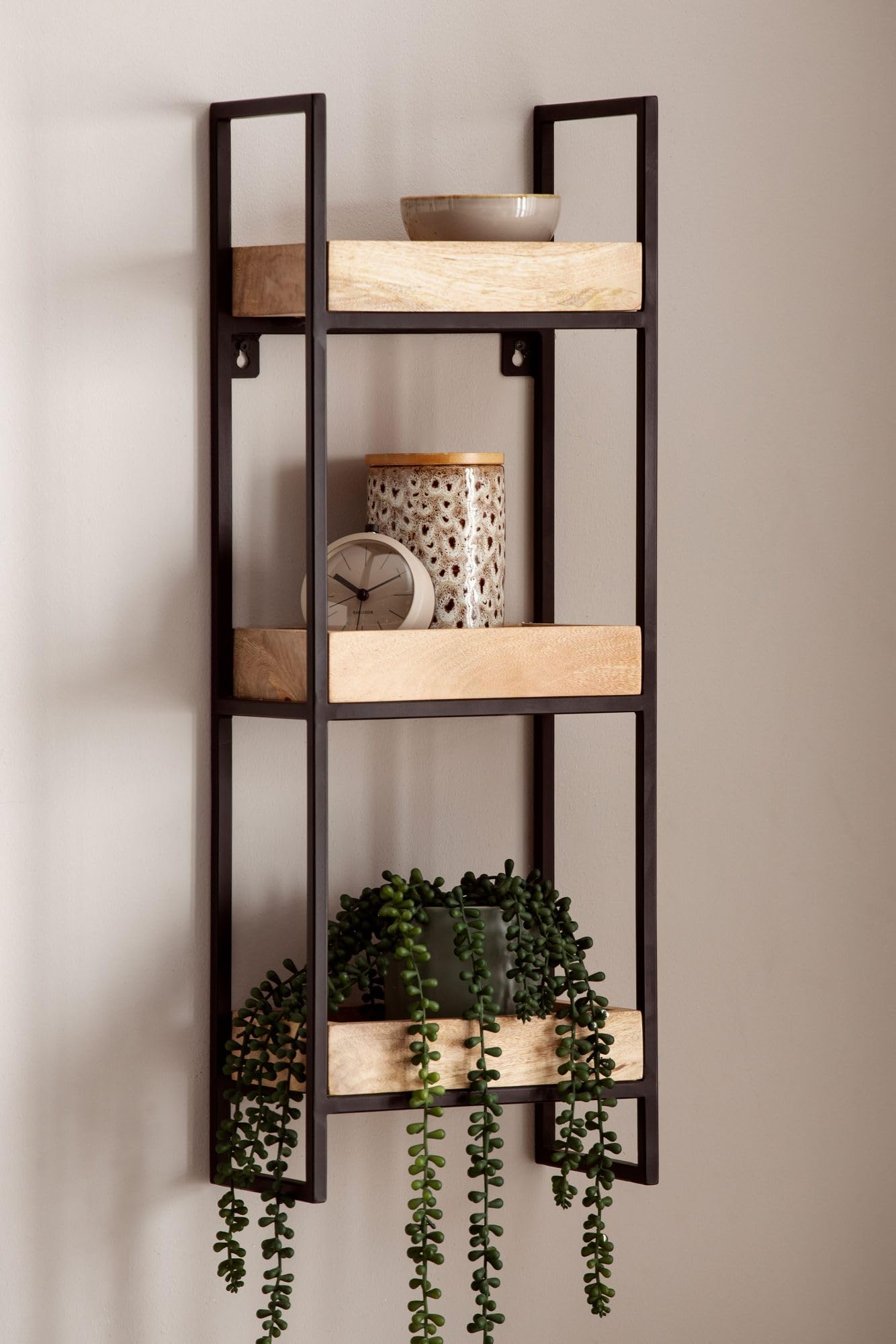FineBuy Estantería de pared industrial de 27 x 77 x 18 cm, mango de madera maciza/metal, estantería flotante de diseño rectangular, estantería colgante para salón, estantería de pared con 3 estantes y