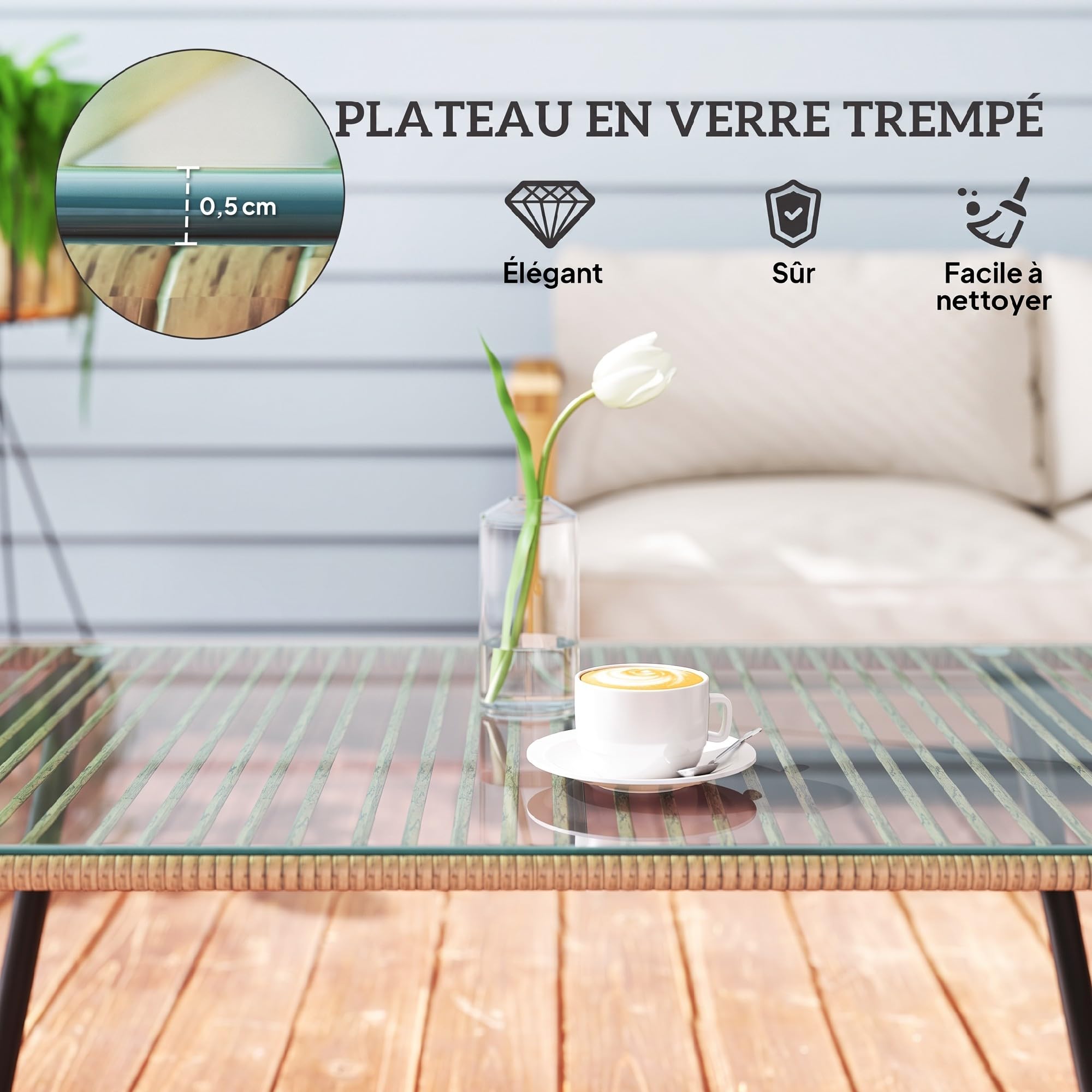 Outsunny Table Basse de Jardin en Résine 110x60x40 cm Aspect Bois Naturel