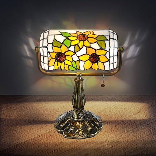 Miniatura 1 de Tiffany Bankers - Lámpara de escritorio, luz de piano de cristal de girasol con bombilla LED, lámpara de escritorio estilo Tiffany vintage para