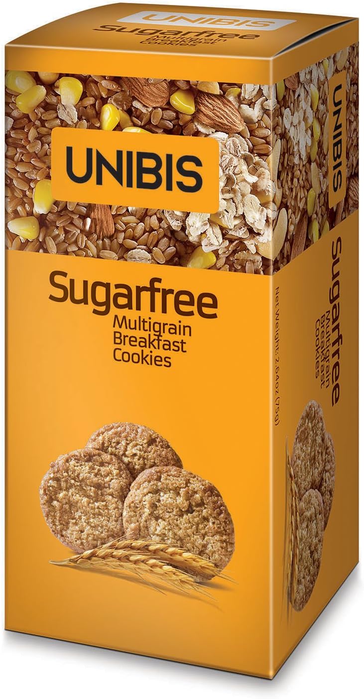 Sugar Free Cookies - Multigrain Breakfast Cookies - Pack of 4 X 75 Grams - 10.6 Ounces - UNIBIS