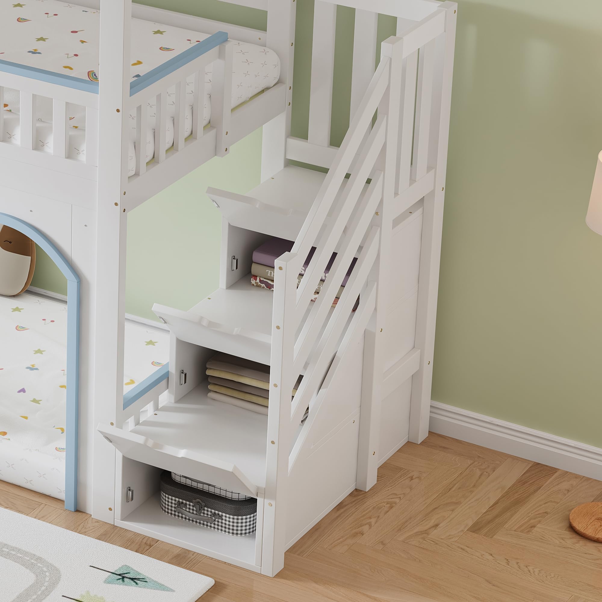 Mrwoo Etagenbett Hochbett 90x200 cm, Kinderbett mit Fenster, Stauraumbett mit 3 Treppe Schließfächer, Rausfallschutz Geländer, Kiefer+MDF+Sperrholz, Weiß+Blau (Ohne Matratze)