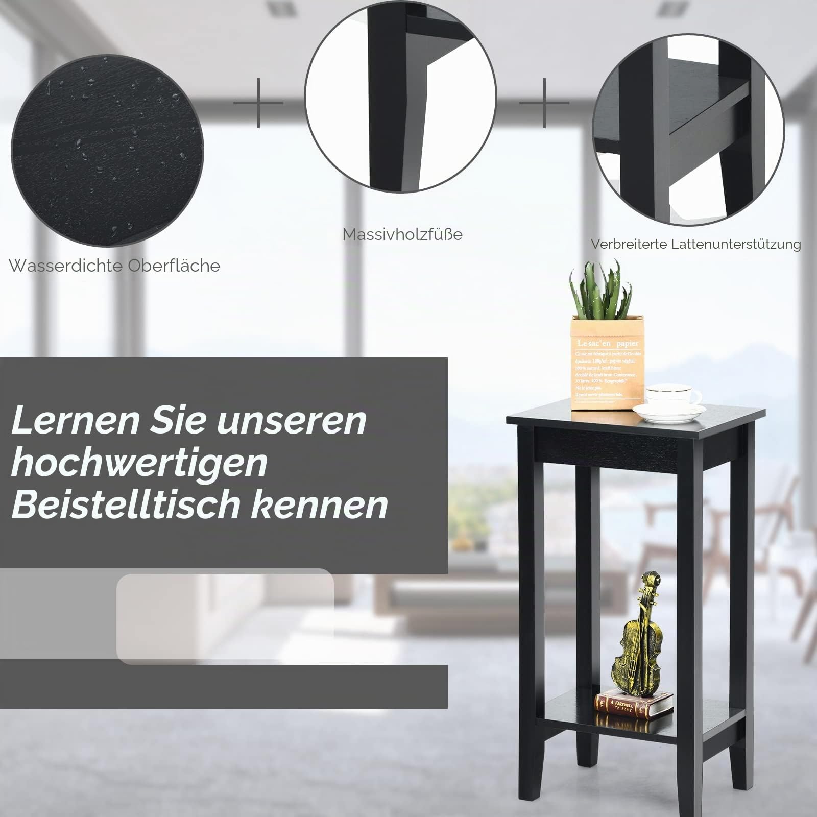 LIFEZEAL Beistelltisch 74cm Hoch, Telefontisch Sofatisch mit Ablage, Ablagetisch aus Massivholz, Holztisch Blumenhocker für Wohnzimmer, Schlafzimmer, Flur, 39,5 x 29,5 x 74 cm (1, Schwarz)