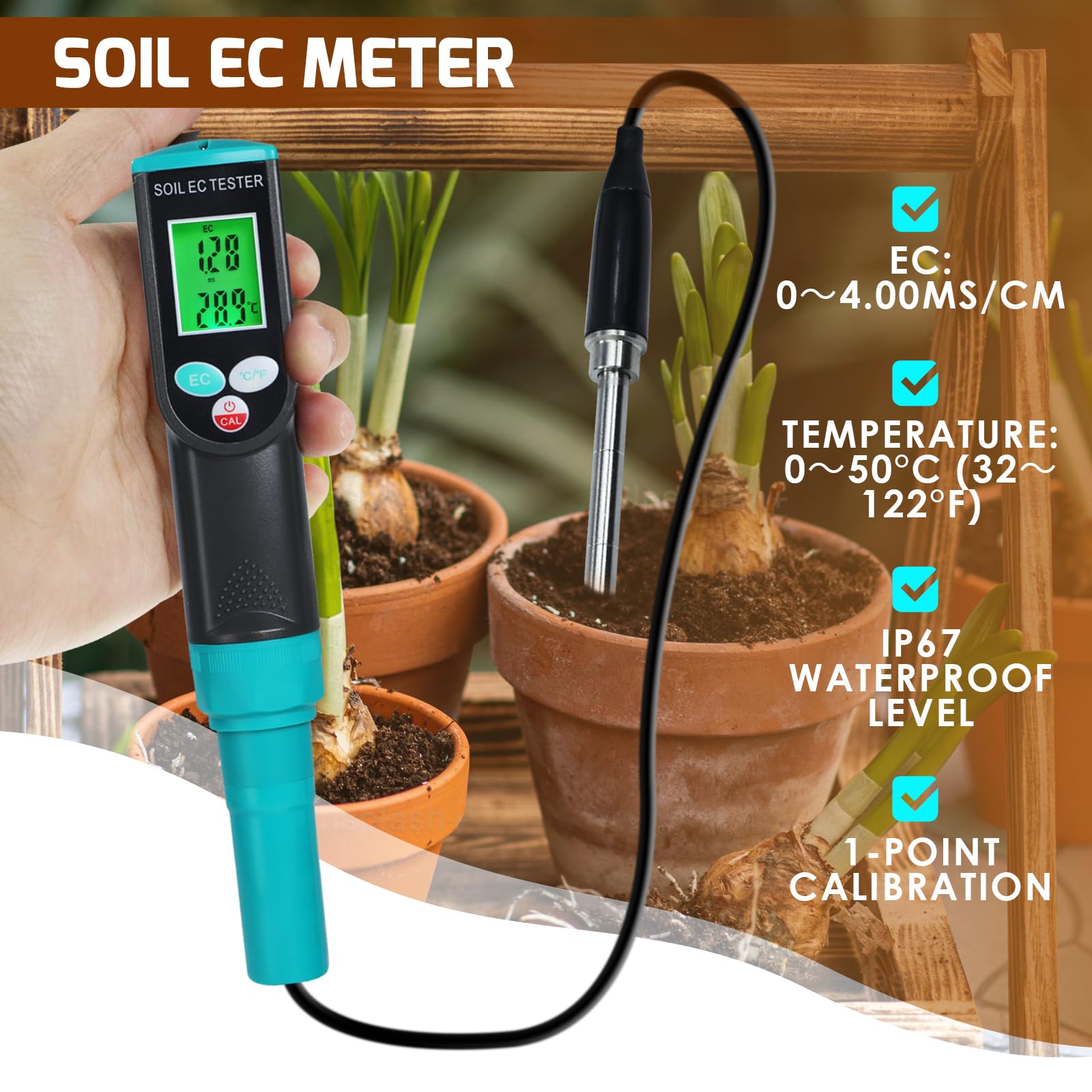 Medidor Portátil de CE y Temperatura del Suelo - Analizador de Fertilidad y Conductividad para Plantas, Jardinería, Invernaderos (Interior/Exterior) IP67