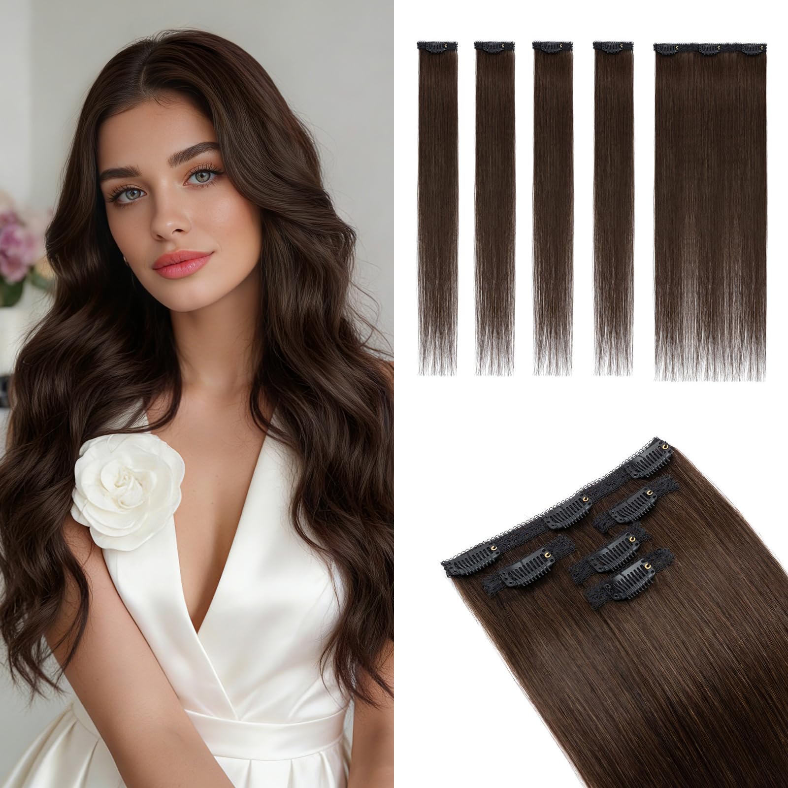 MY-LADY Clip in Extensions Echthaar für Feines Haar 5PCS 50cm mit Unsichtbaren Lace Clips Haarverlängerung für Sanftes Volumen #02 Dunkel Braun 52g Glatt