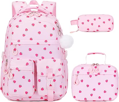DIGOBAY 3PCS Girls Backpack for School, Kids Backpack for Girls with Lunch Bag Pencil Case, Kids Bookbag Teen Girl Backpacks for Elementary Middle High College School Pink Strawberry