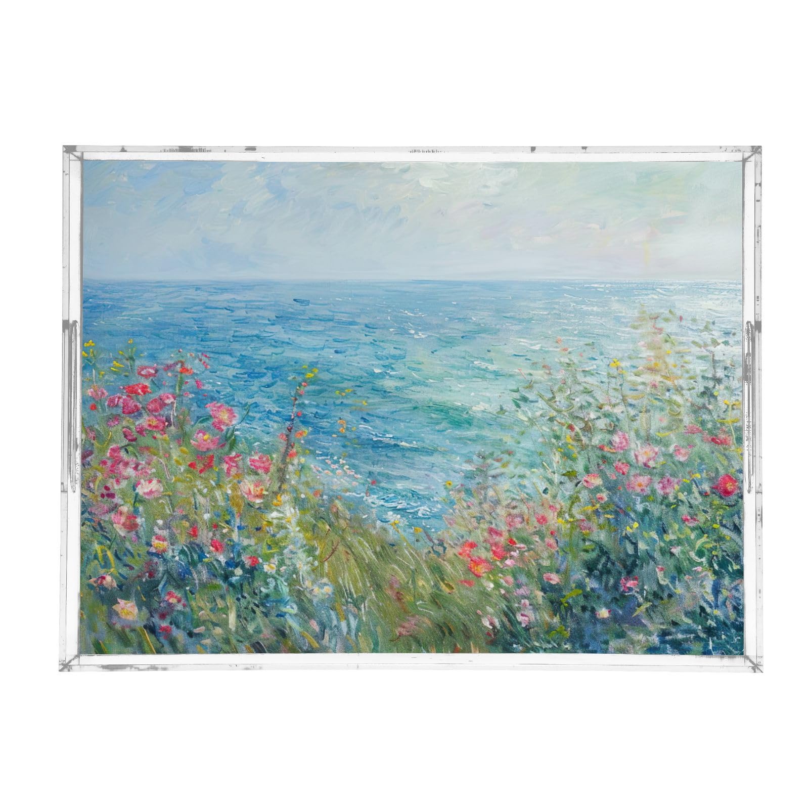 BOESI Oil on Canvas Flower and Sea Acrylic Decorative Dining Tray, Acrylic Decorative Tray Organizer with Handle for Kitchen, Dining Room, Bathroom, Dresser