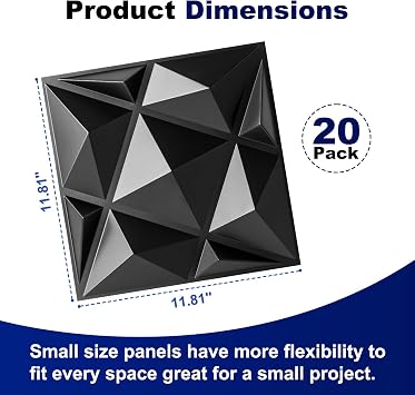 Art3dwallpanels 20 Pack 3D Wall Panels for Interior Wall Decor, 12''x12'' White Accent Diamond Panels for Gaming Room Bedroom TV Background, Black