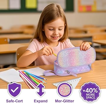 Bagseri Pencil Case for Girls - Large Pencil Pouch for School Daily Use | Cute Kids Pencil Case Wide Open, Water Resistent & Zip Closure Helps Sort School Stationery, Purple Mermaid