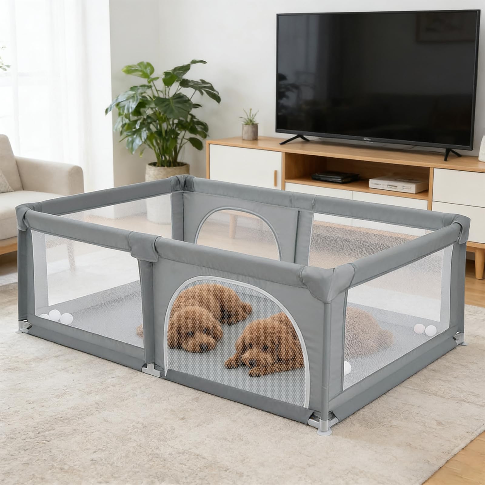 Parc pour Chiens et Chiots avec Porte et Ventouses en TPR, Enclos Intérieur en Tissu Oxford et Filet Nylon, pour Petits et Moyens Animaux (Gris foncé, 180x120 cm)