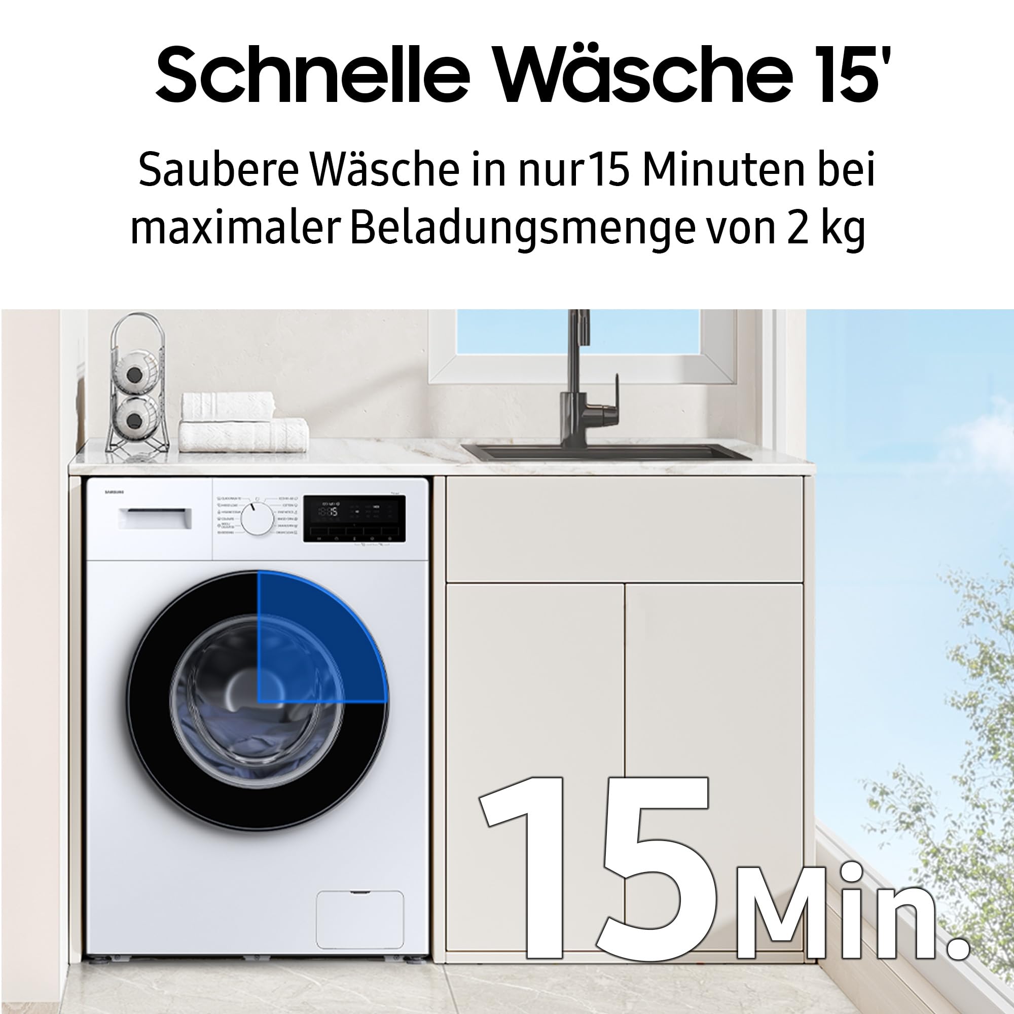 Samsung WW90FG3M05TWEG Waschmaschine, 9 kg, EEK: A, Hygiene-Dampfprogramm, Schnelle Wäsche 15', Trommelreinigung, Weiß