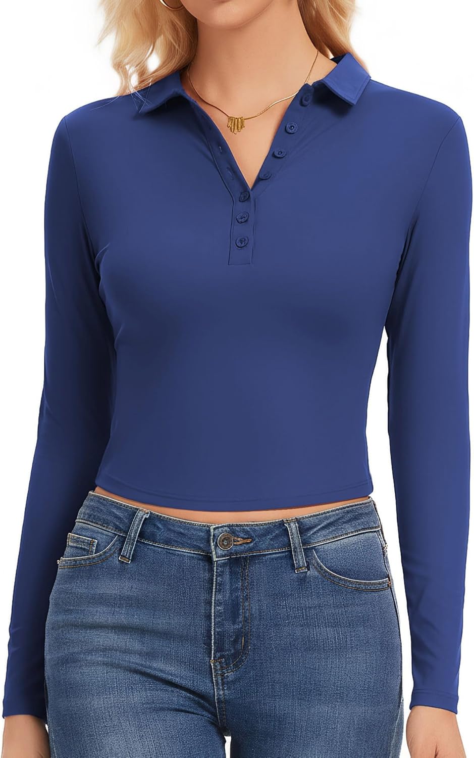 Womens Polo Shirts Long Sleeve,Cropped Collared Shirt Cute Fitted V Neck Tops with Button - Image 3
