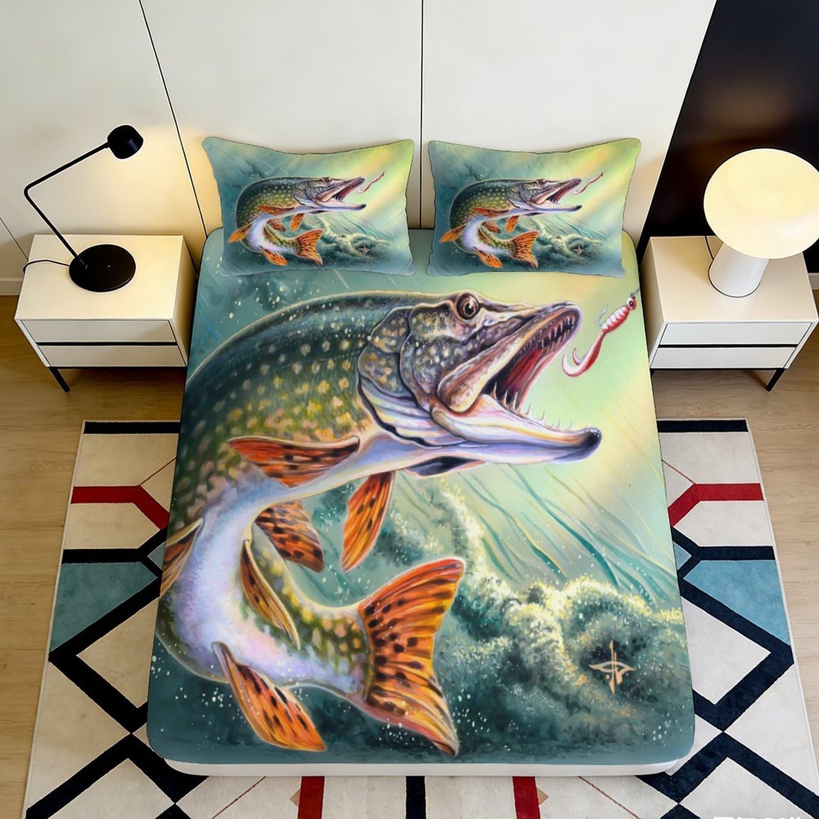 3D Printed Pike Fish Fitted Sheet Microfiber Soft Breathable Lake Scene Bed Cover for Bedroom Guest Room Decor 90x200x25cm