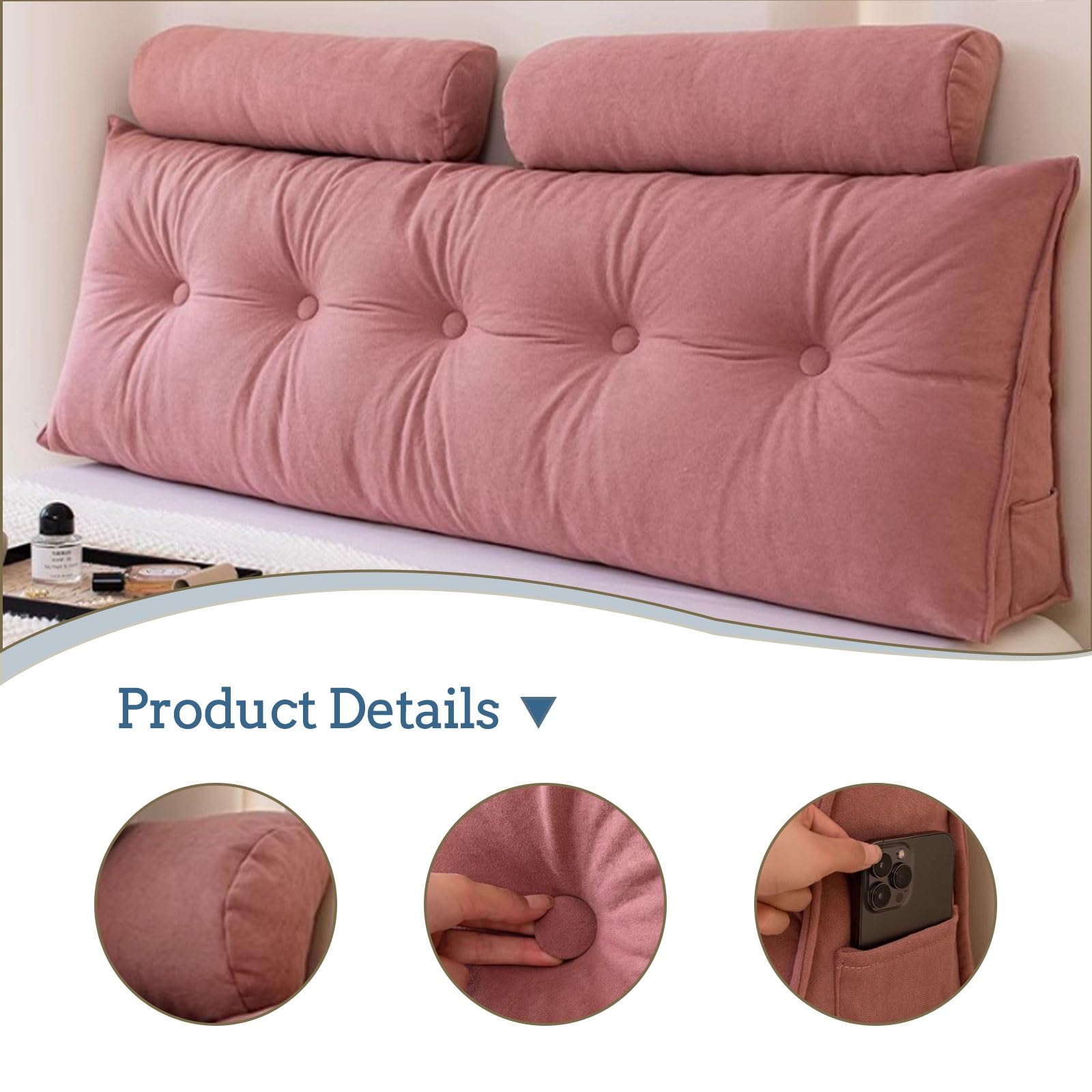 Almohada triangular para cabecera, cojín largo de lectura para cama, soporte lumbar y cuello, cómoda almohada de posicionamiento del respaldo (azul 180x)