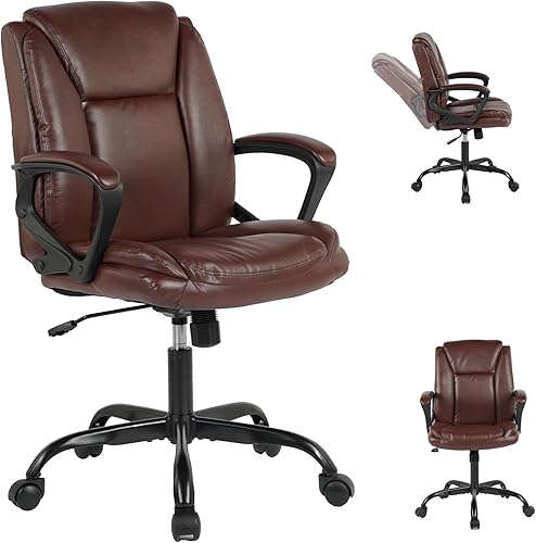 Silla de oficina, silla de escritorio ejecutiva con soporte lumbar, silla de computadora de cuero sintético con respaldo medio con inclinación