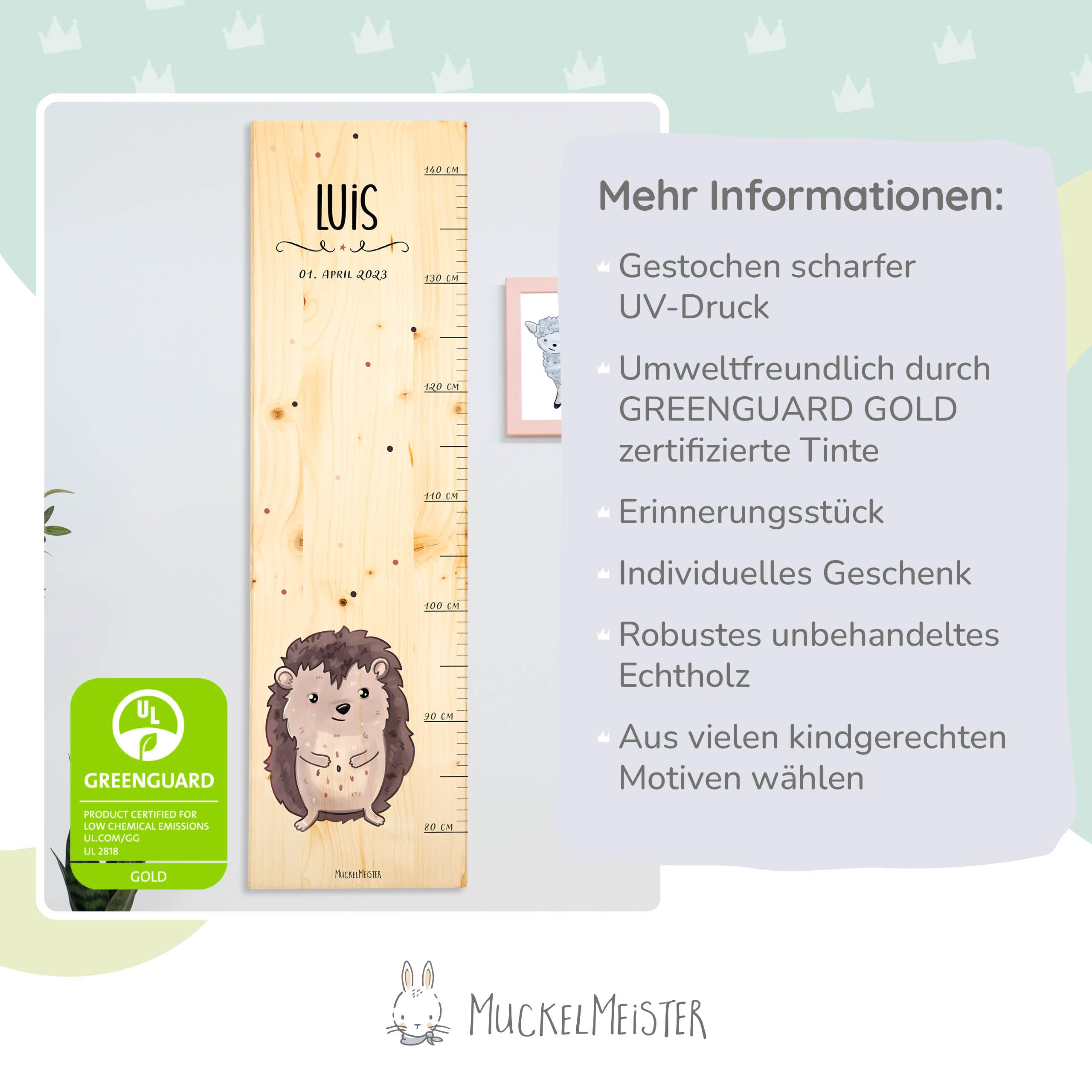 Muckelmeister Messlatte Kinder aus Holz personalisert 80-140cm - Muckelfreunde - 70x20x2cm Kinderzimmer Deko - Geschenke zur Geburt - Maßband Kinder Wand - Geschenkidee Kleinkind - Kuh