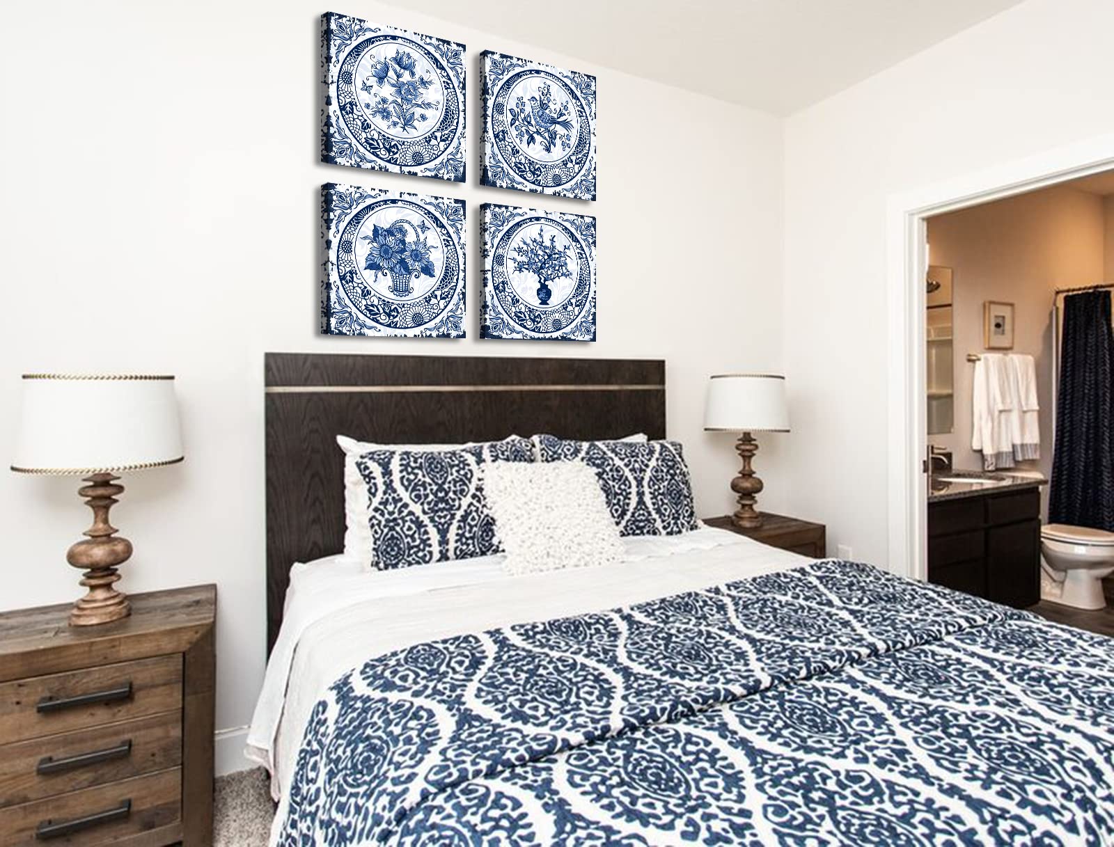 Boho Flowers Pattern Bathroom Decor Vintage Floral Canvas Wall Art Modern Sunflower Butterfly Mandala Picture Painting Artwork for Bedroom Kitchen Living Room Office Home, Navy Blue, 12"x12"x4 Pieces